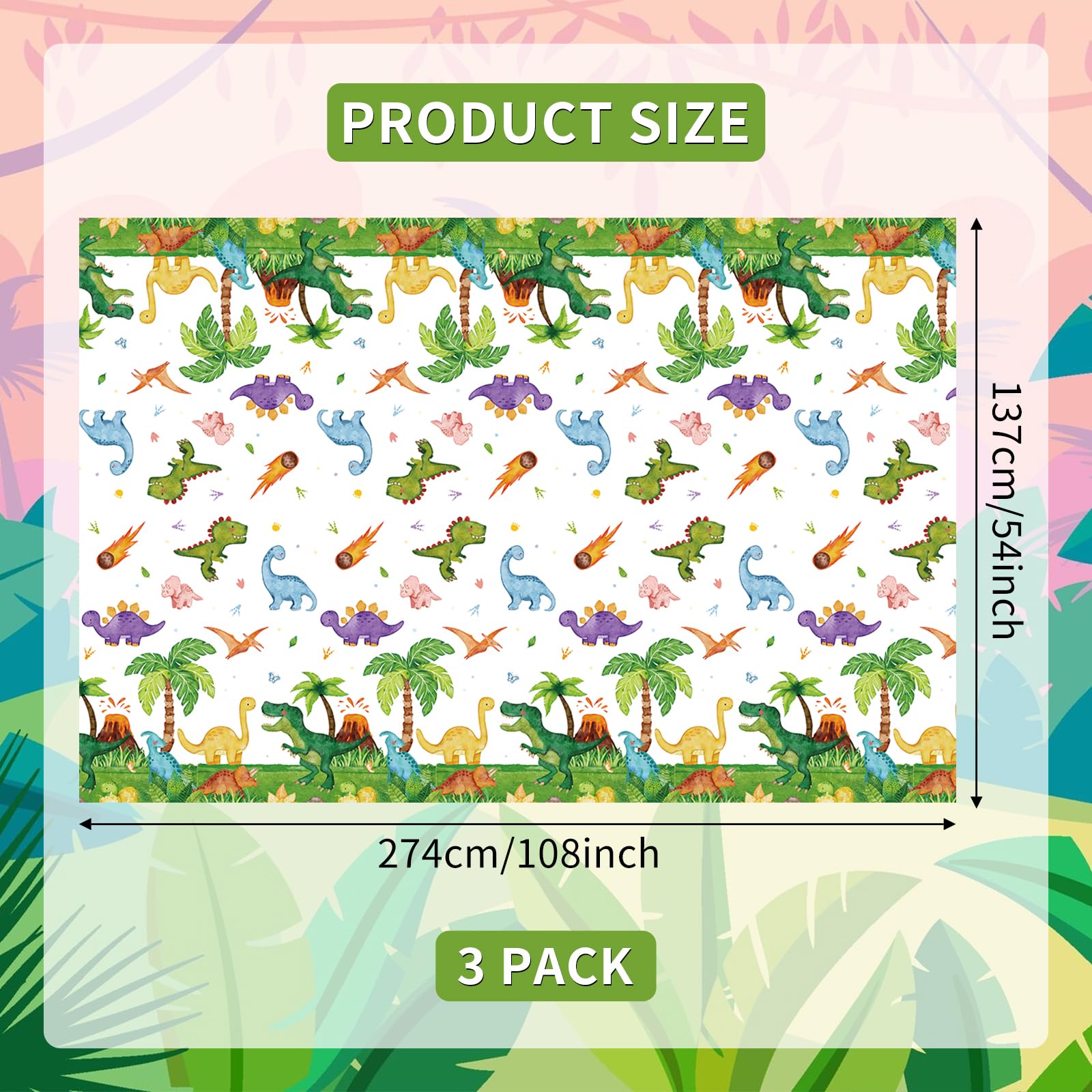 SpinLaLa 3-Piece 54 x 108 Inch Dinosaur Theme Plastic Tablecloth - Disposable Rectangle Table Cover for Dining, Picnic, Birthday, Baby Shower, Dino