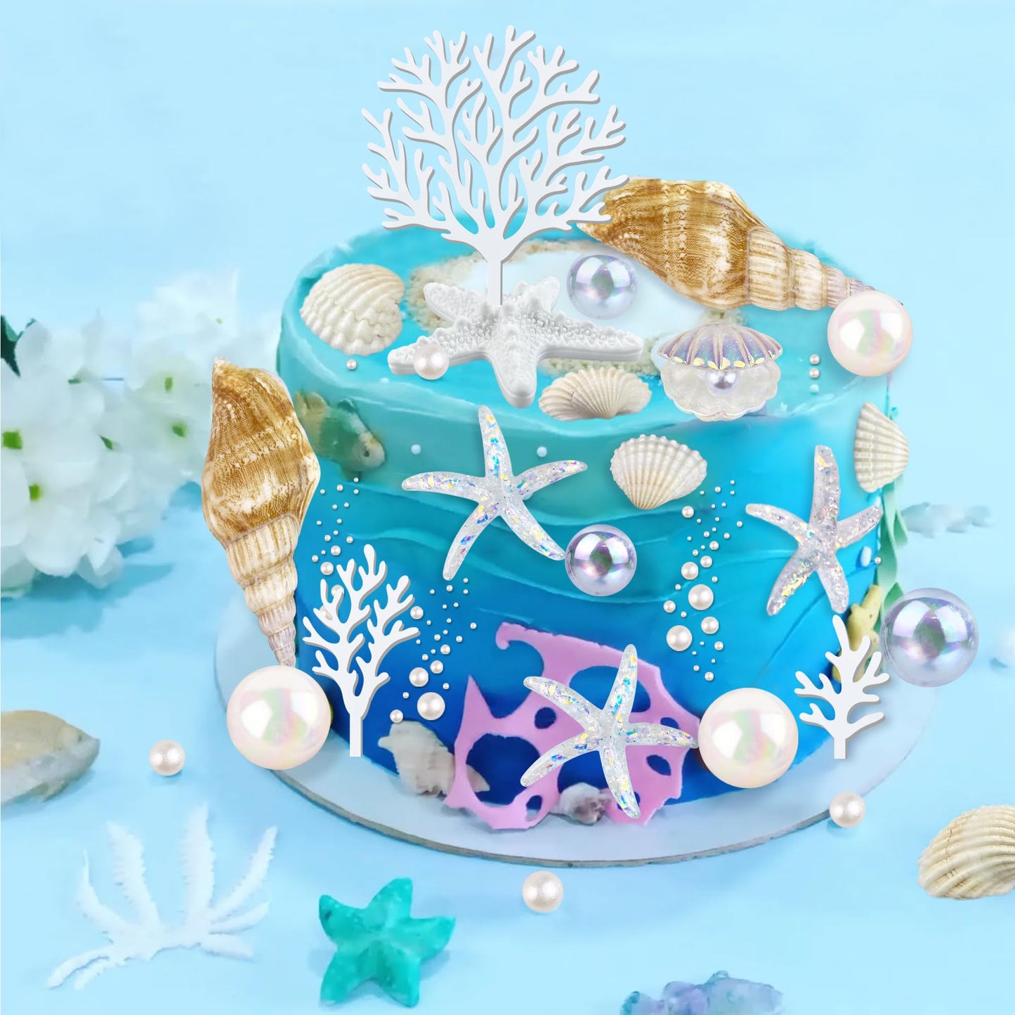 30PCS Starfish Conch Shells Coral Cake Decorations with Ball Beach Themed Ocean Summer Birthday Supplies