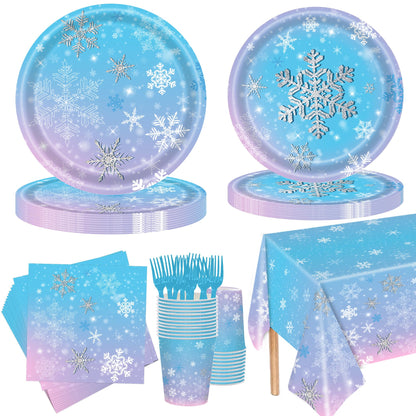 Xindtek 126 Pcs Frozen Birthday Party Supplies Disposable Winter Snowflake Paper Plates Napkins Cups Forks Tablecloth for Christmas Winter Wonderland