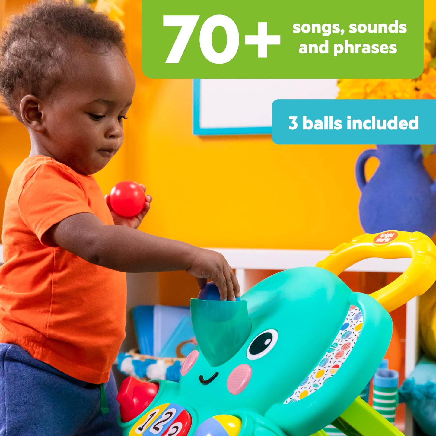 Bright Starts Stroll 'n Roll 2-in-1-Ball Push Walker - Includes 3 Toy Balls, Elephant with 70+ Songs & Sounds, 7 Activities - Ball Drop, Piano