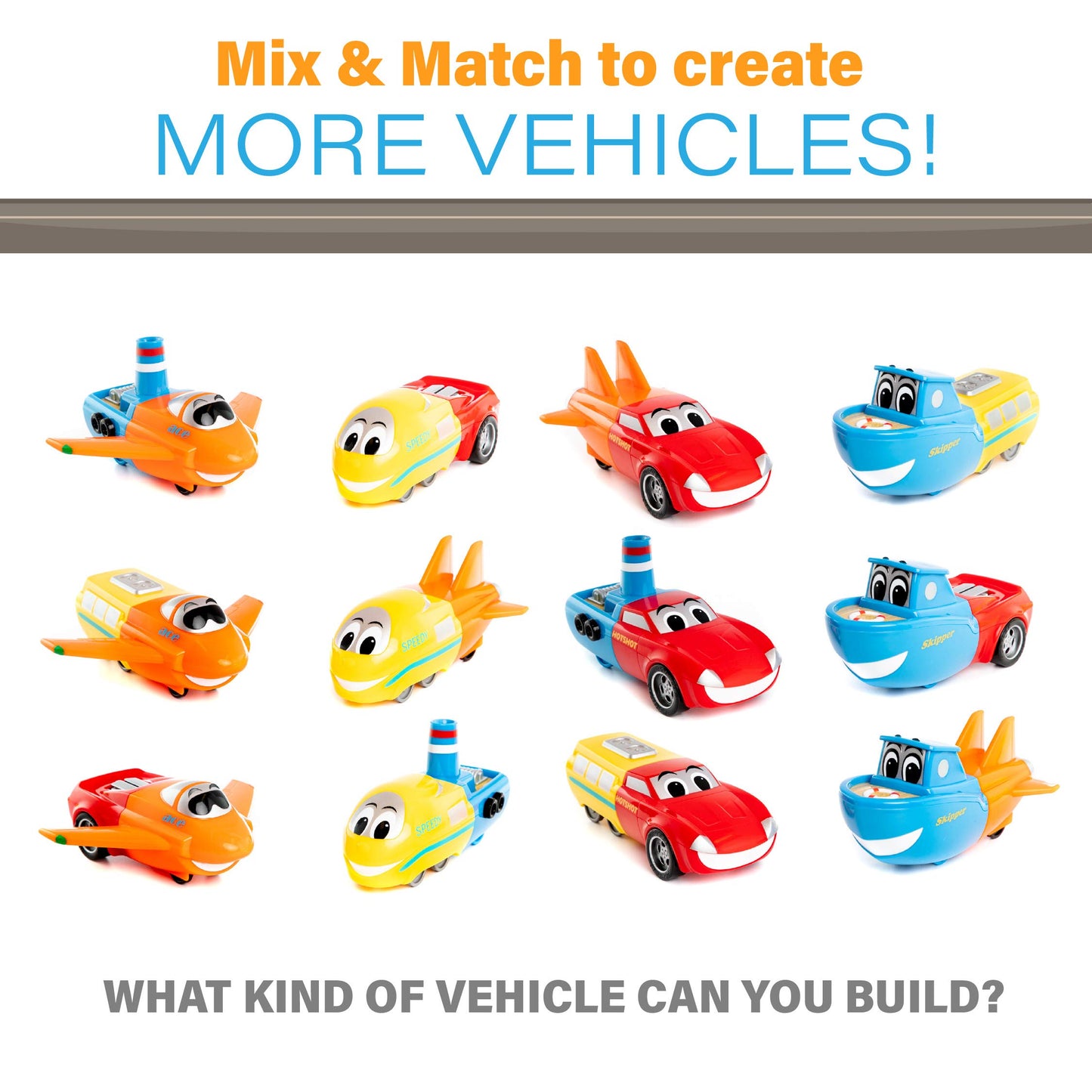 POPULAR PLAYTHINGS Magnetic Vehicles for Toddlers 1-3, Mix or Match Car Toys, Set of 4 Gift for Kids - Vehicles Junior