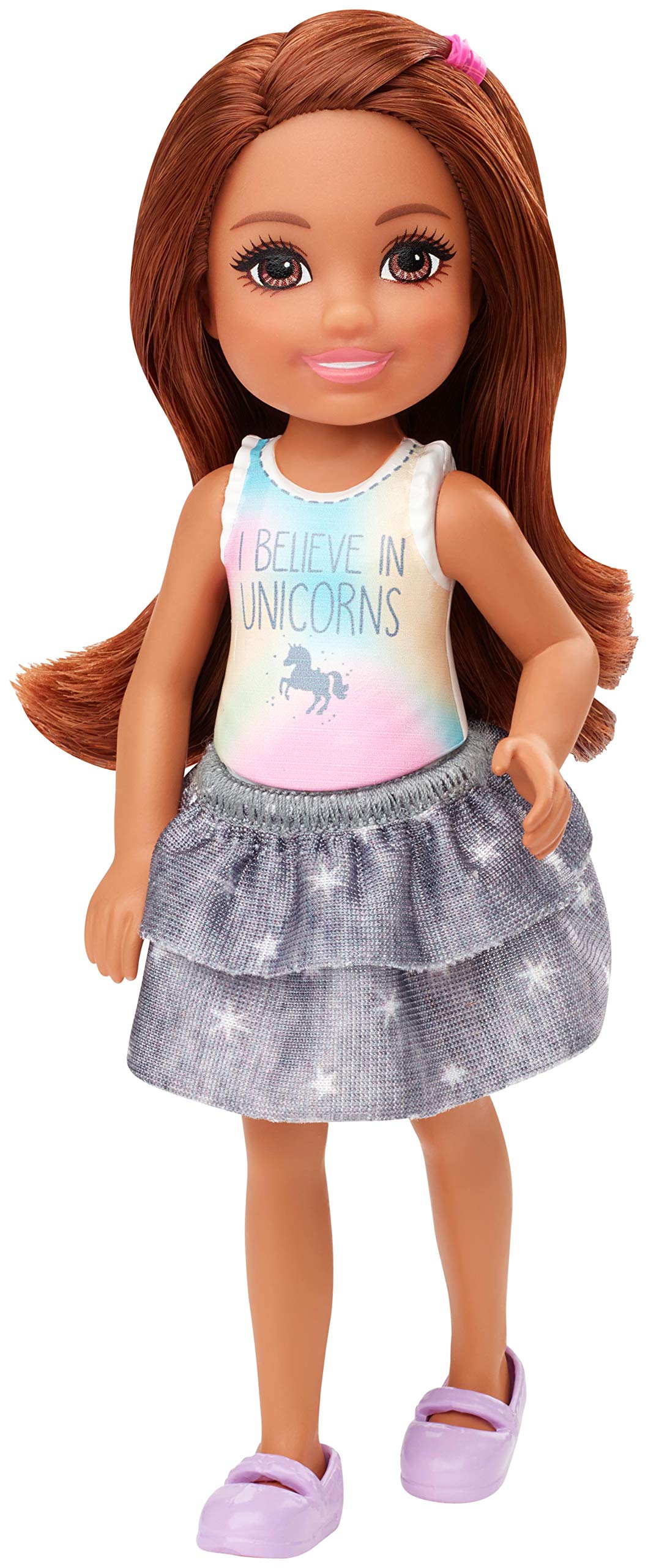 Barbie Club Chelsea Doll (6-inch Brunette) Wearing Unicorn-Themed Graphic and Star Skirt, for 3 to 7 Year Olds