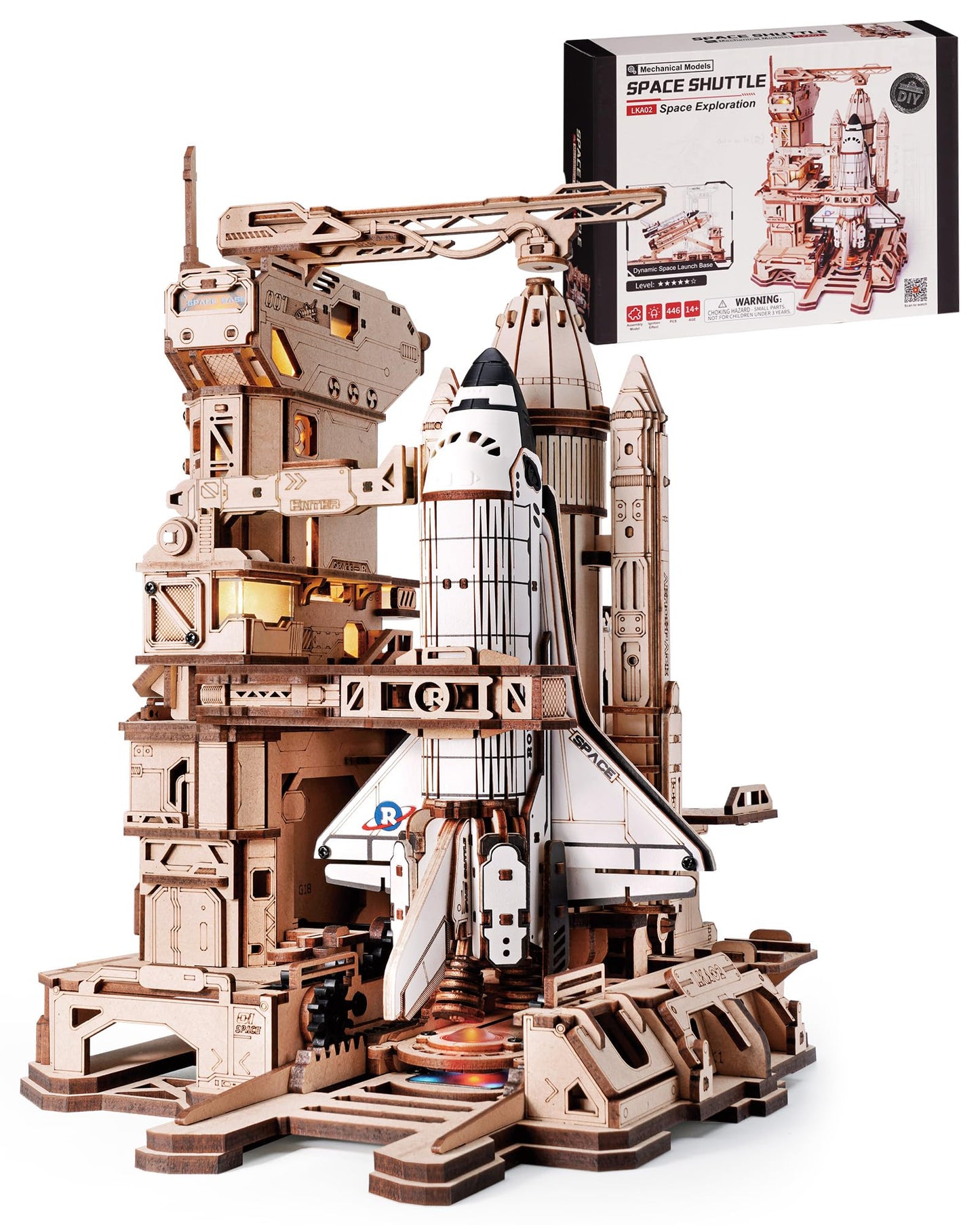 ROBOTIME 3D Space Shuttle Wooden Puzzle for Adults, Dynamic Rocket Launch Model Building Kits with Lights, AS Home Desktop Decoration for Men Gifts