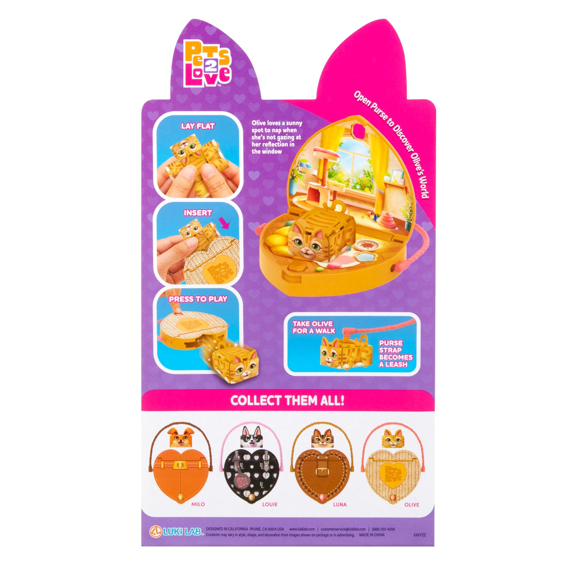 Pets 2 Love Olive The Cat Toy Pet with Heart-Shaped Animal Purse, Includes Miniature Carrier & Leash, Compact and Travel Friendly, 3-in-1 Interactive