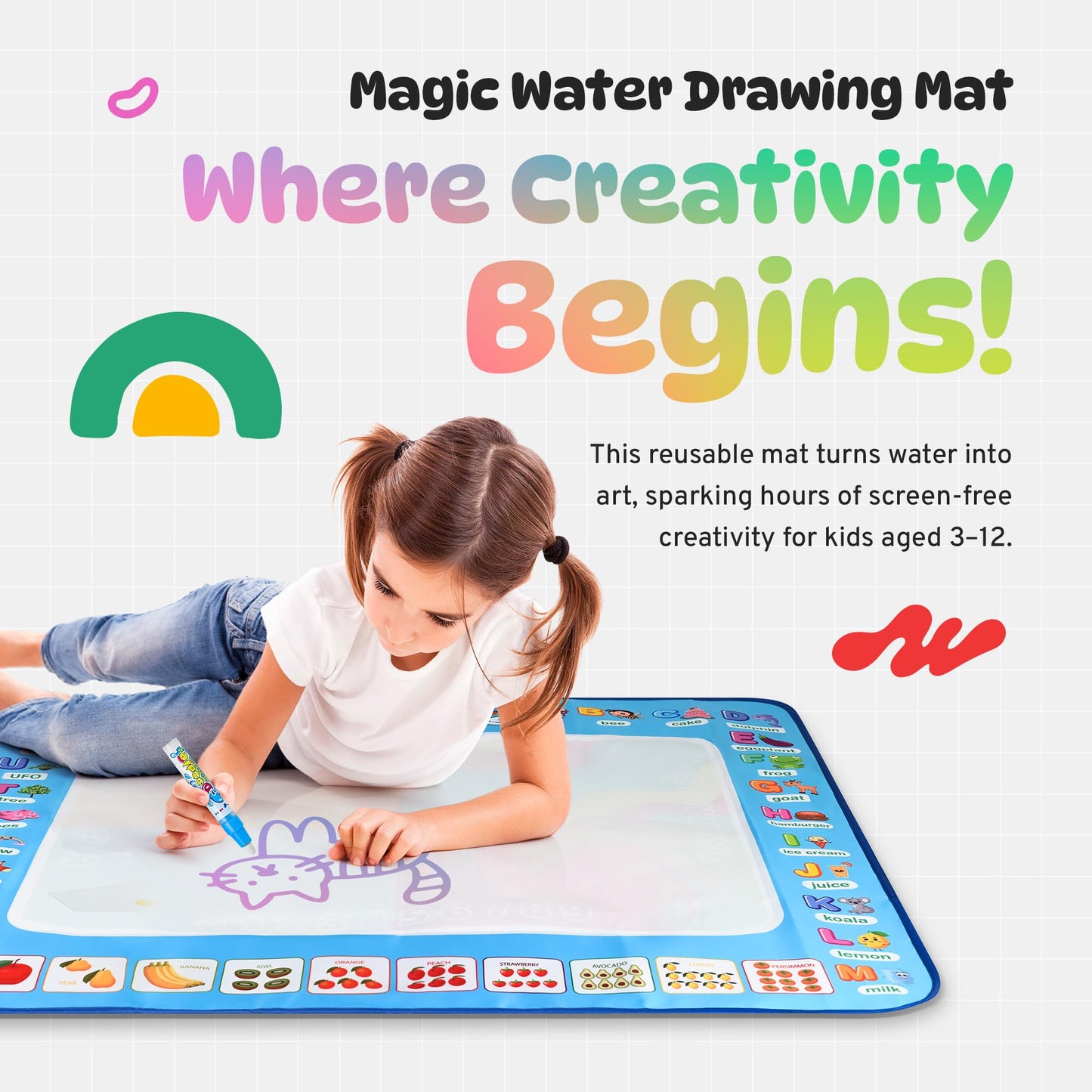 Water Doodle Mat | Mess Free Painting for Toddlers | Doodle Pad for Kids Ages 3-12 | Toddler Drawing Pad with Fillable Pens & Booklet | Fun