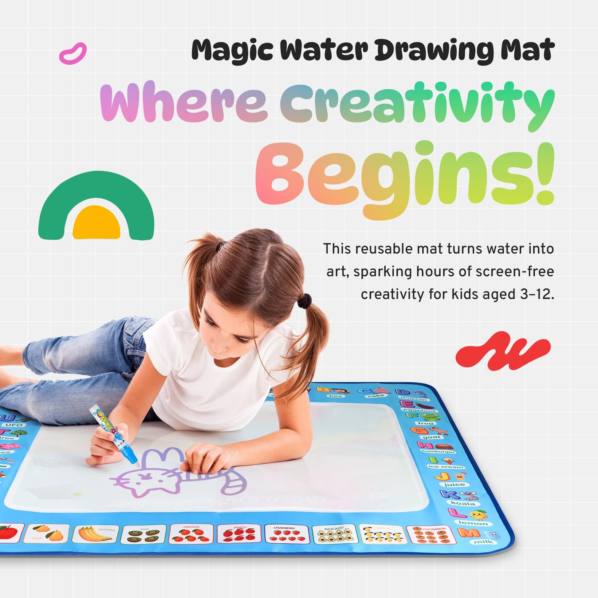 Water Doodle Mat | Mess Free Painting for Toddlers | Doodle Pad for Kids Ages 3-12 | Toddler Drawing Pad with Fillable Pens & Booklet | Fun