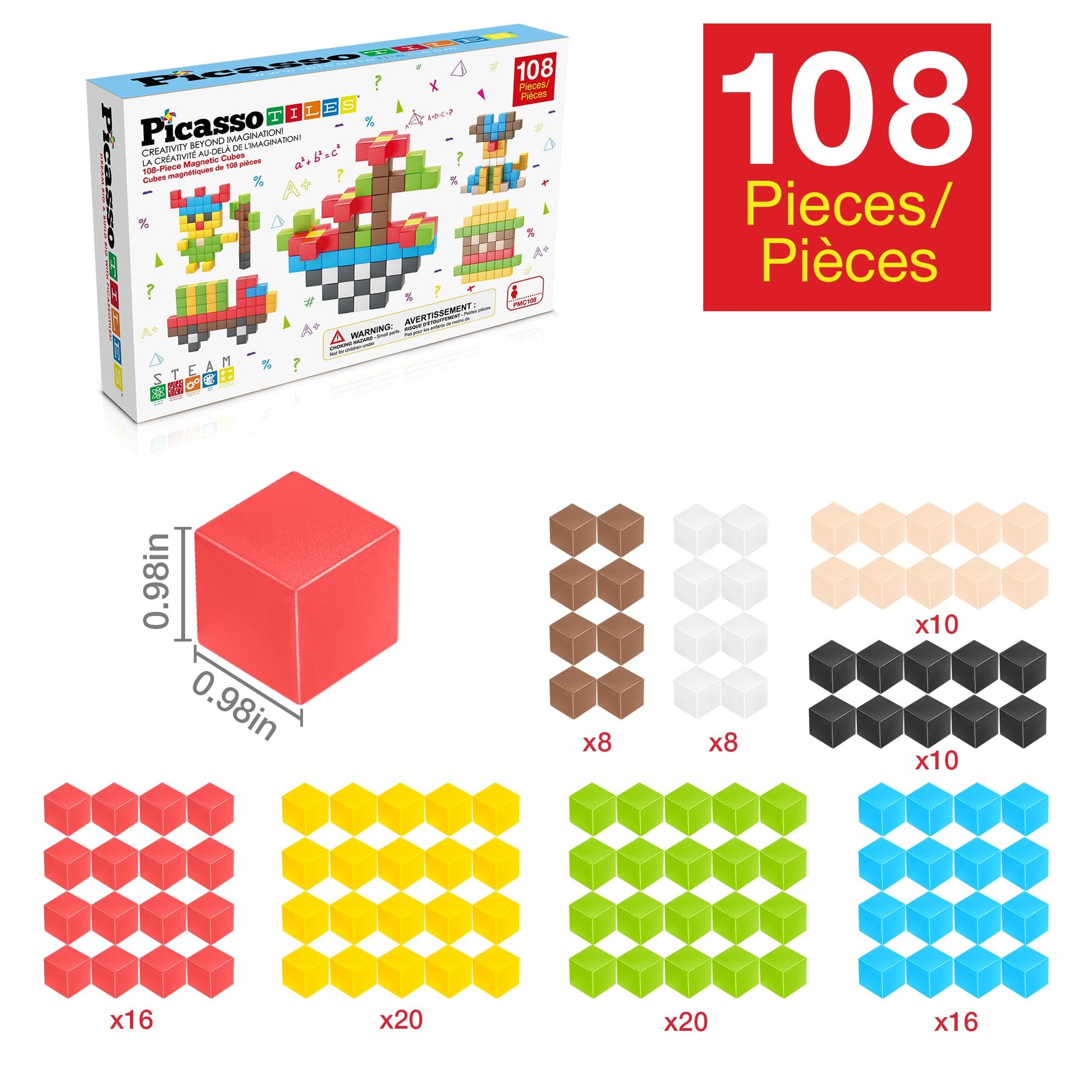 PicassoTiles 108pcs 1” Magnetic Puzzle Cubes Magnet Toys Preschool Construction Building Block Set Sensory Toy Early Education STEM Learning Come