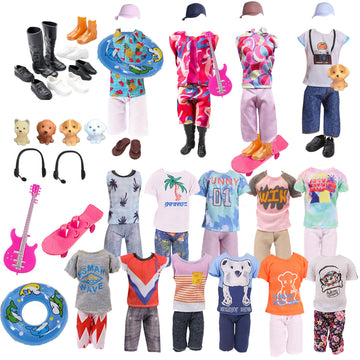 14 Pcs Fashion Doll Clothes Set for 12 Inch Dolls, 2 Outfits with Short Sleeve & Shorts, Includes Doll Shoes, Hat, Skateboard, Guitar & Toy Pets