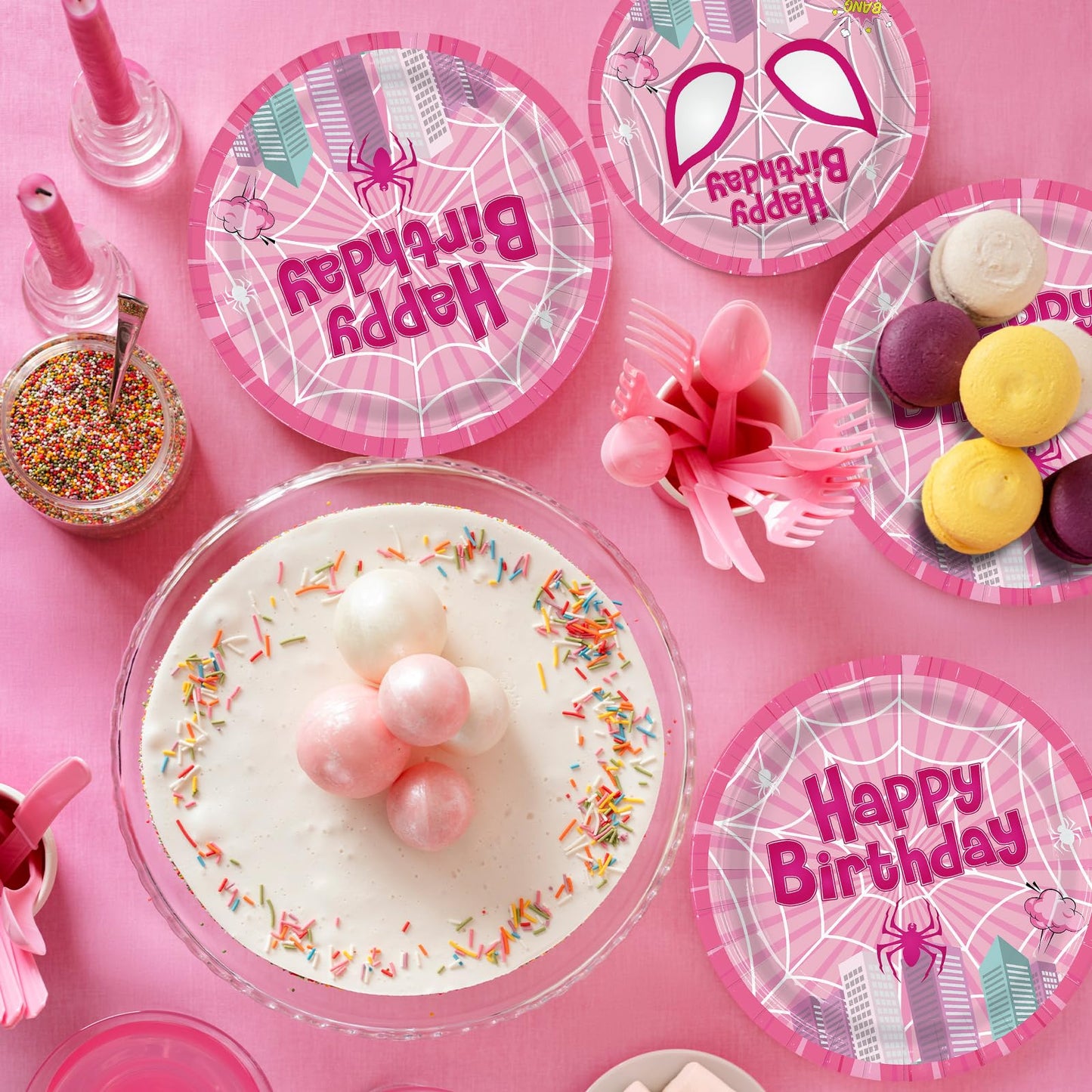 Pnuocax 171pcs Pink Spider Birthday Party Plates Napkins Paper Super Girl Cups Banner Disposable Tablecloth Tableware Set Good for Birthday Party