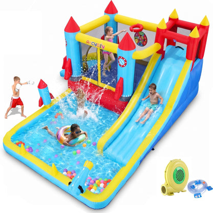 AKEYDIY Bounce House,Inflatable Water Slide Bounce Castle with Blower for Kids 3-10,Outdoor/Indoor Bouncy House Water Park for Backyard with 2 Splash