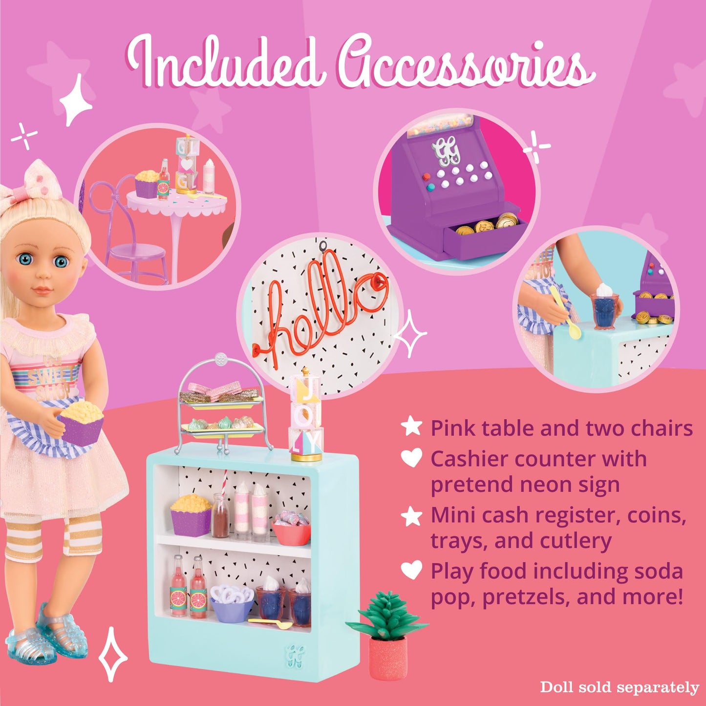 Glitter Girls - 14-Inch Doll Accessories - Shop Terrace Playset with 60+ Pieces - Patio Furniture Set - Table & Chairs for Sweet Shop - Play Food &