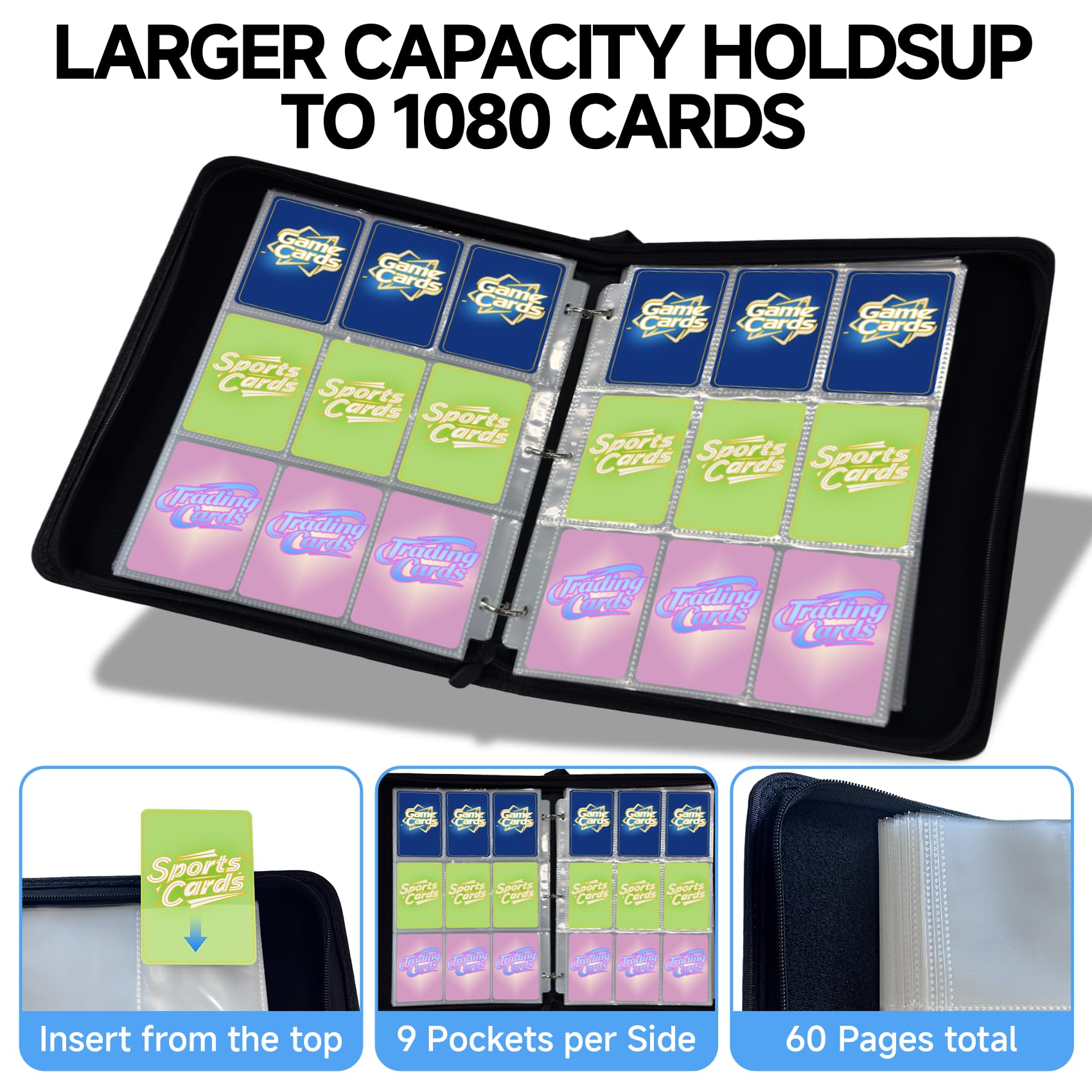 9 Pocket Trading Card Binder, Holds 1080 Cards with 60 Removable Double-Sided Sleeves, Premium Zipper Top Loader Card Collection Album, PU Card Folder