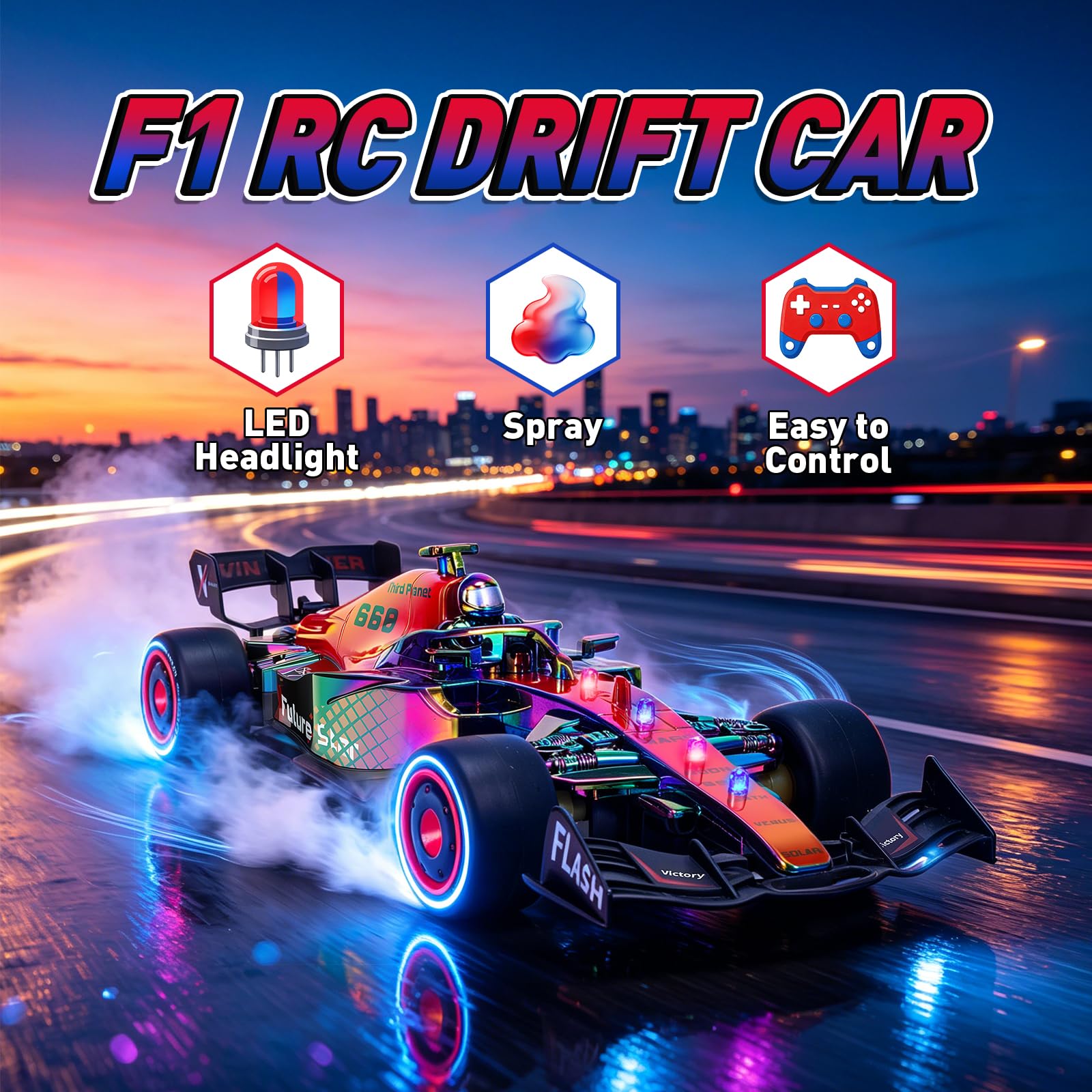 JolliBrix F1 RC Drift Car with LED Lights & Spray, 2.4GHz Remote Control F1 Drift Car, High Speed Drift Racing Car Toy for Kids, F1 Toys Gift for Boys