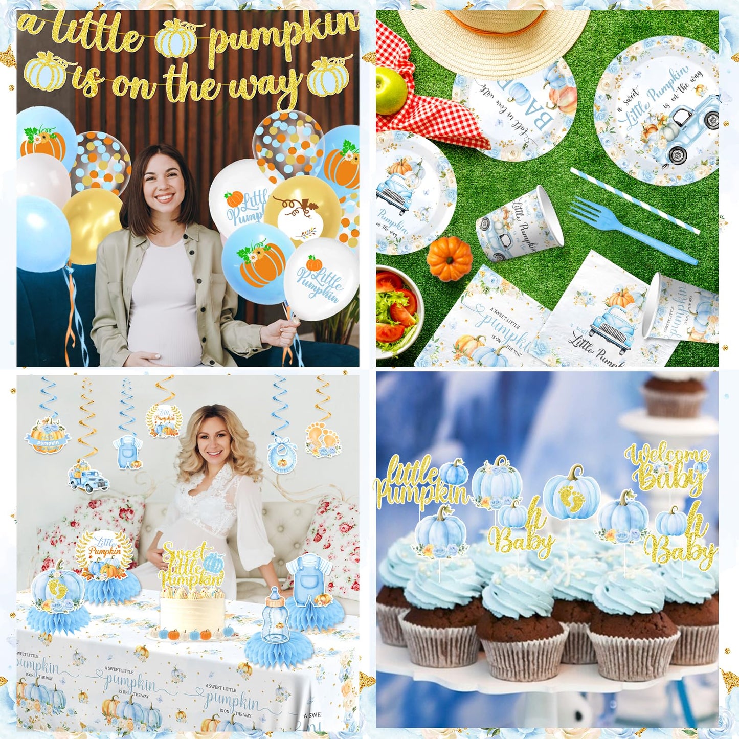 Little Pumpkin Baby Shower,198pcs A Little Pumpkin Is On The Way Baby Shower Boy Plates and Napkins Cups Tablecloth Cake Topper Honeycomb Balloon