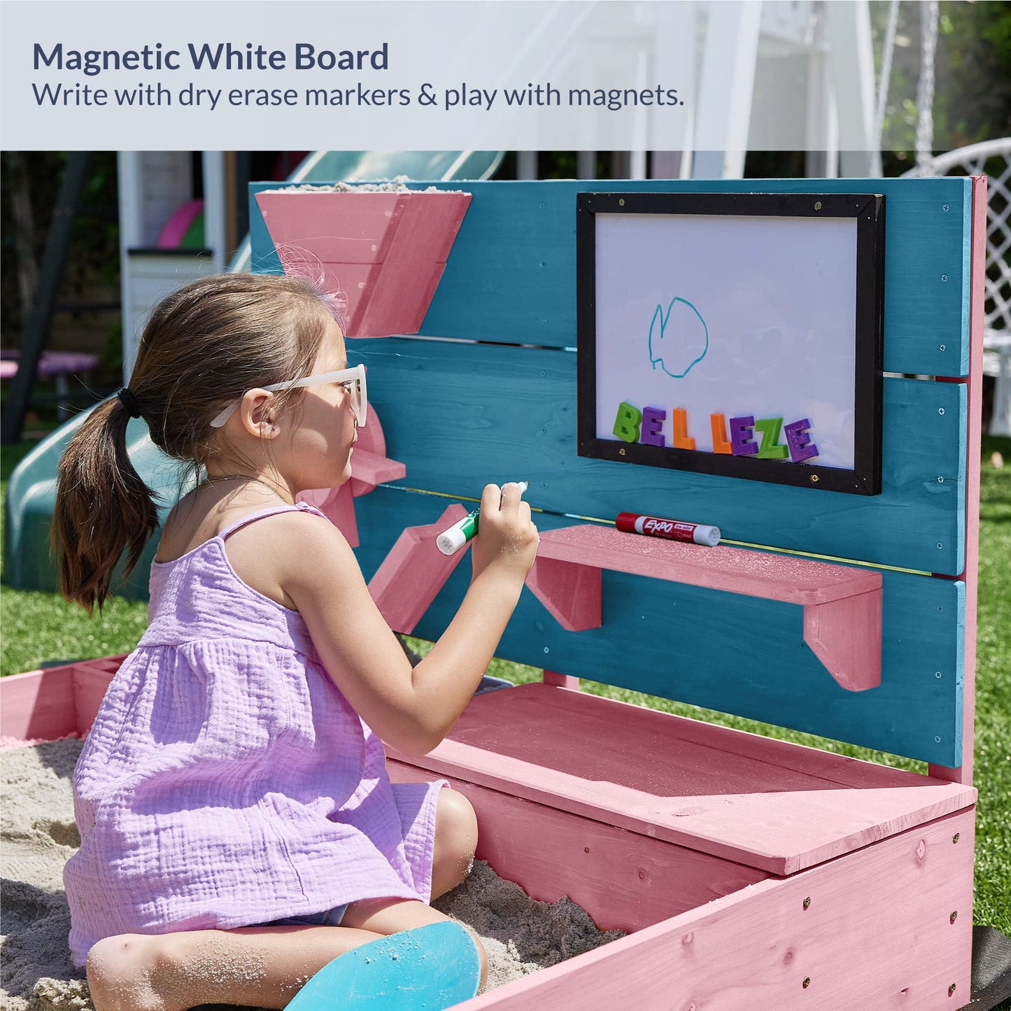 BELLEZE Wooden Sandbox, 49x39in Kids Sand Pit for Backyard, Outdoor Sandbox with Cover and Bottom Liner, Built-in Corner Seating, Bench Storage, Sand