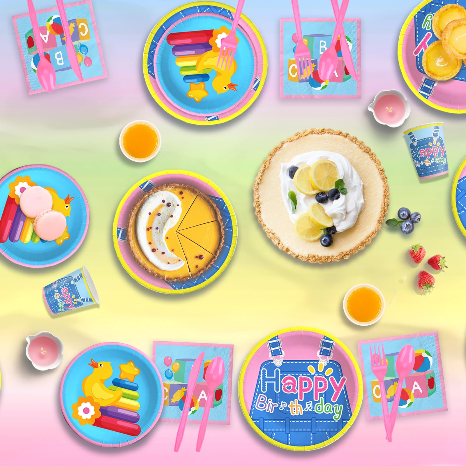 English Teacher Party Supplies, Fufuddz Rainbow Birthday Decorations Cartoon Teacher Party Plates and Napkins for Girls Boys 1st Birthday Banner