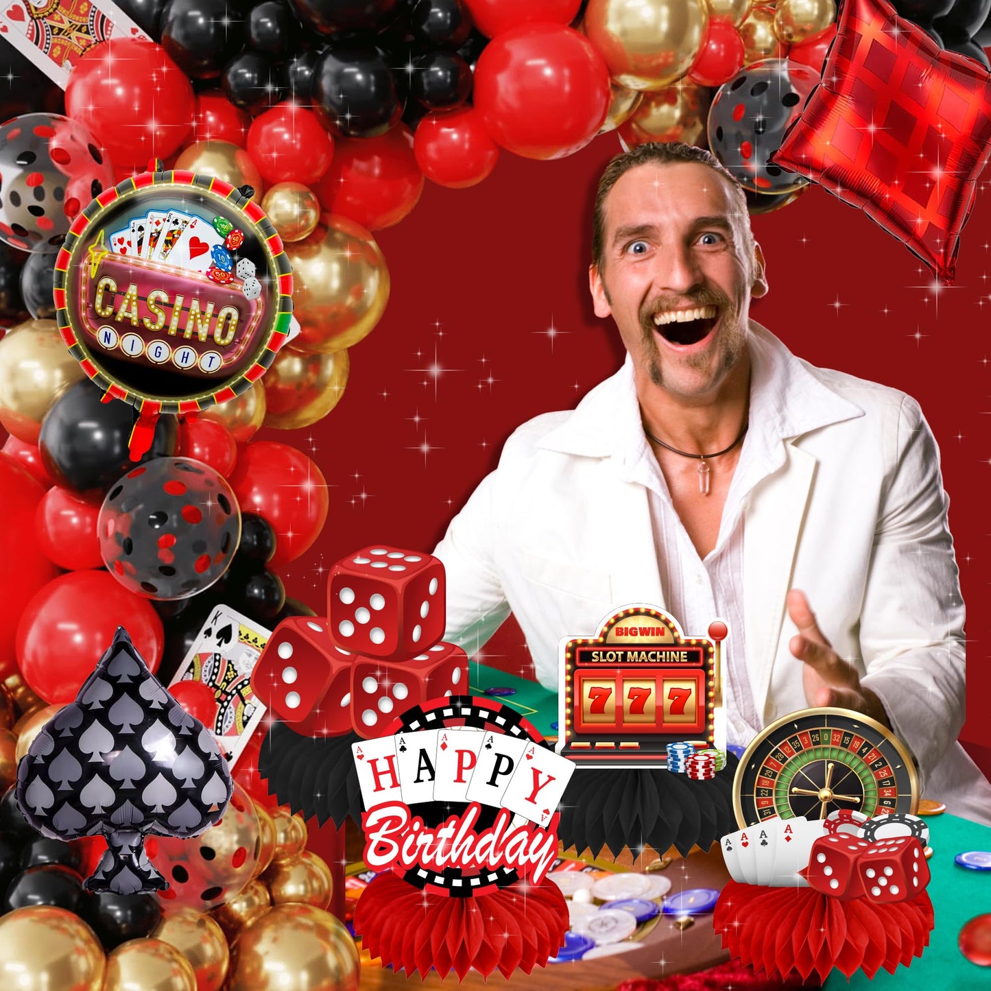 Casino Theme Party Decorations, happy Birthday banner, Las Vegas Party Decorations, casino Backdrop, Casino birthday Honeycomb Centerpieces, casino