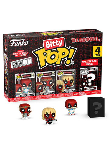 Funko Bitty POP! Deadpool - Sleepover, 4-Pack and A Surprise Mystery Mini Figure - 0.9 Inch (2.2 Cm) Collectable - Stackable Display Shelf Included