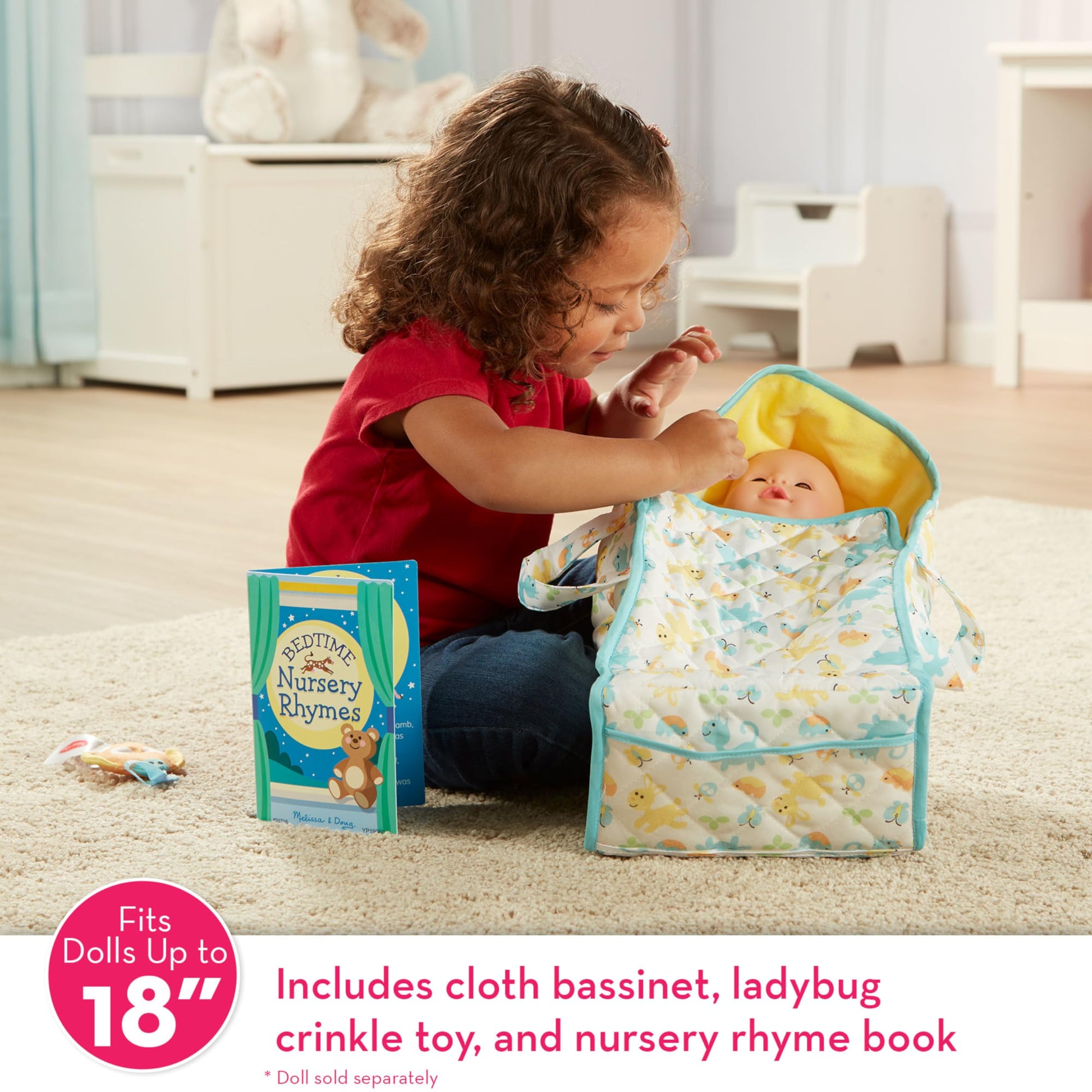 Melissa & Doug Mine to Love Bassinet Play Set Portable Carrier for Dolls with Crinkle Toy, Nursery Rhyme Book