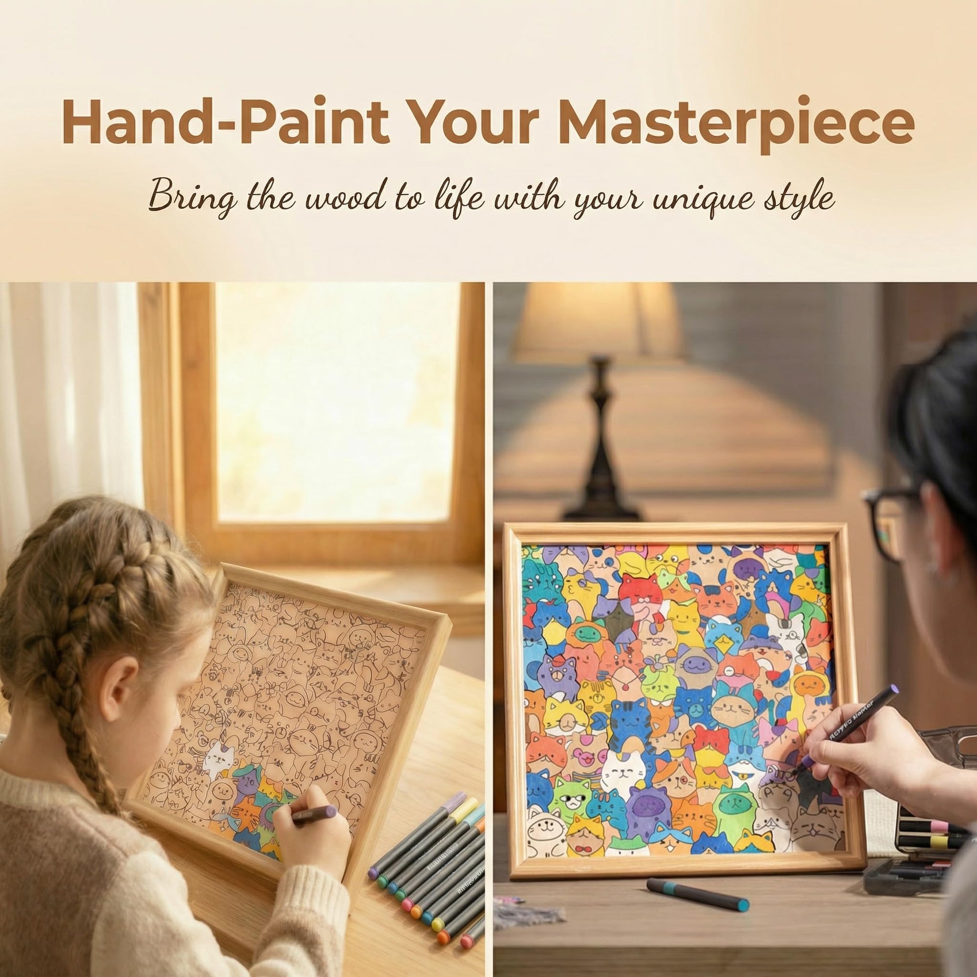 DIY Wooden Cat Puzzle Frame, 75 Colorable Puzzle Pieces, Comes with 12 Coloring Pens, Creative Art Craft Set, Suitable for Adults, Unique Handmade
