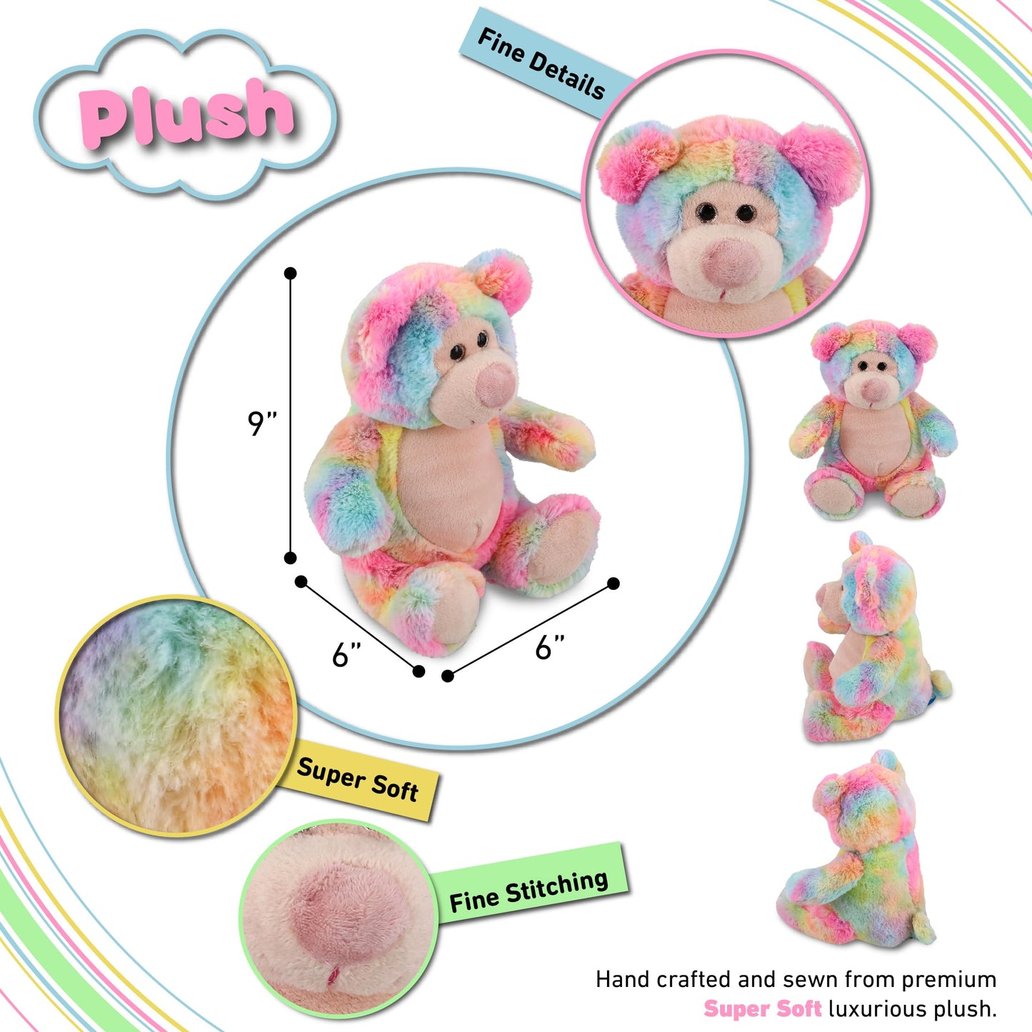 DolliBu Rainbow Bear Stuffed Animal - Soft Huggable Teddy Bear Stuffed Toy, Adorable Playtime Wildlife Plush Toy, Cute Cuddle Gifts for Kids