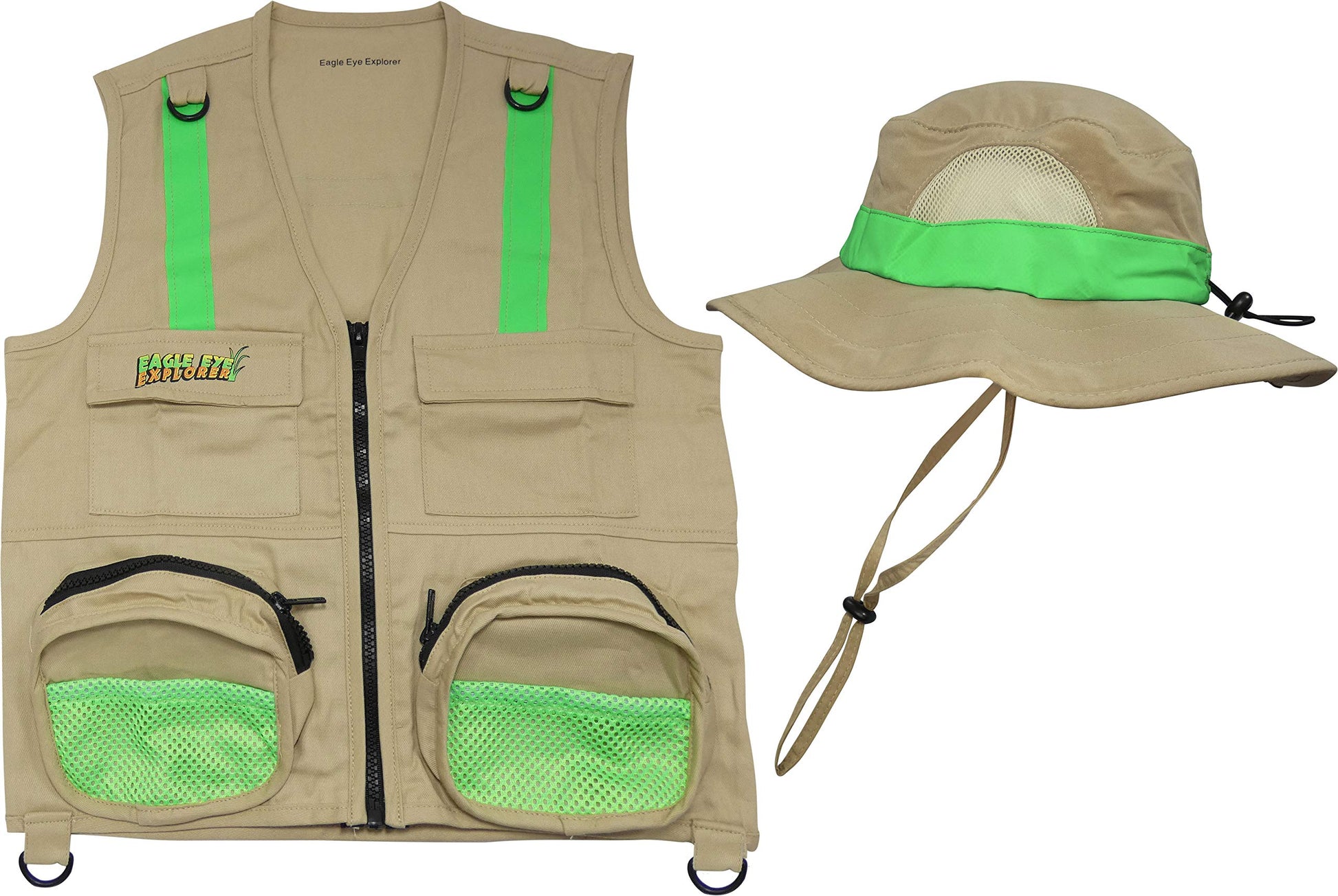 Eagle Eye Explorer Safari Outdoor Exploration Vest Set for Fishing Hunting Outdoor Exploration (Adult S/M, Tan Vest with Hat)