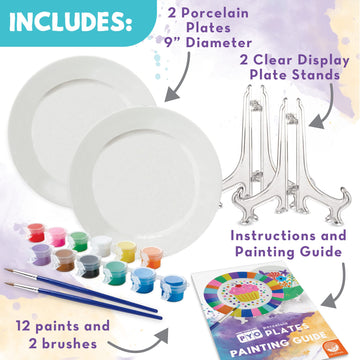 MindWare Paint Your Own Porcelain Plates - Kit Includes 2 Porcelain Plates, 12 Paints, 2 Paint Brushes, and 2 Stands