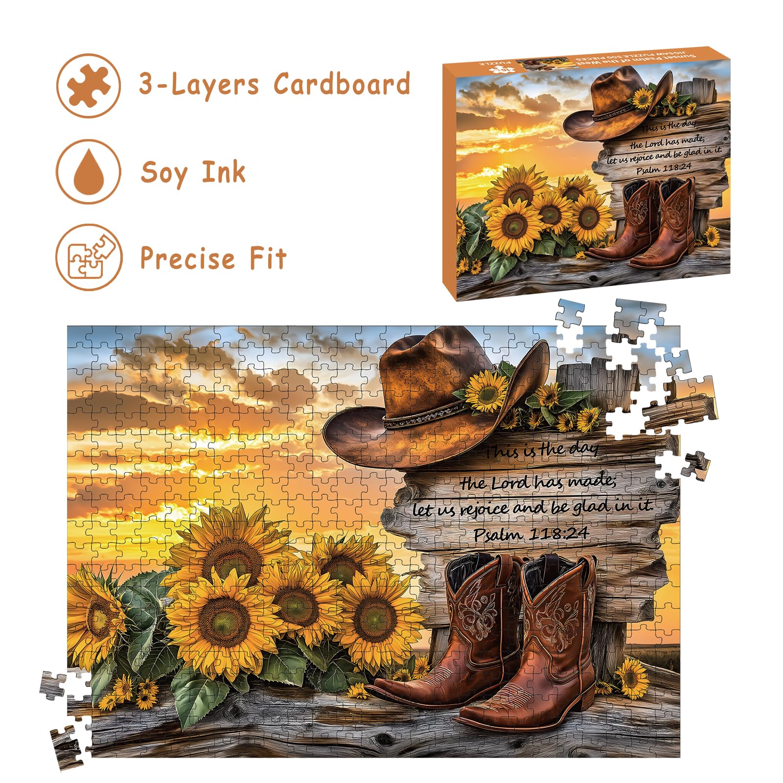 Puzzles for Adults 500 Pieces, Cowboy Hat and Cowboy Boot Jigsaw Puzzles - Sunset Psalm of the West, Impossible Sunflower Puzzles for Seniors Family