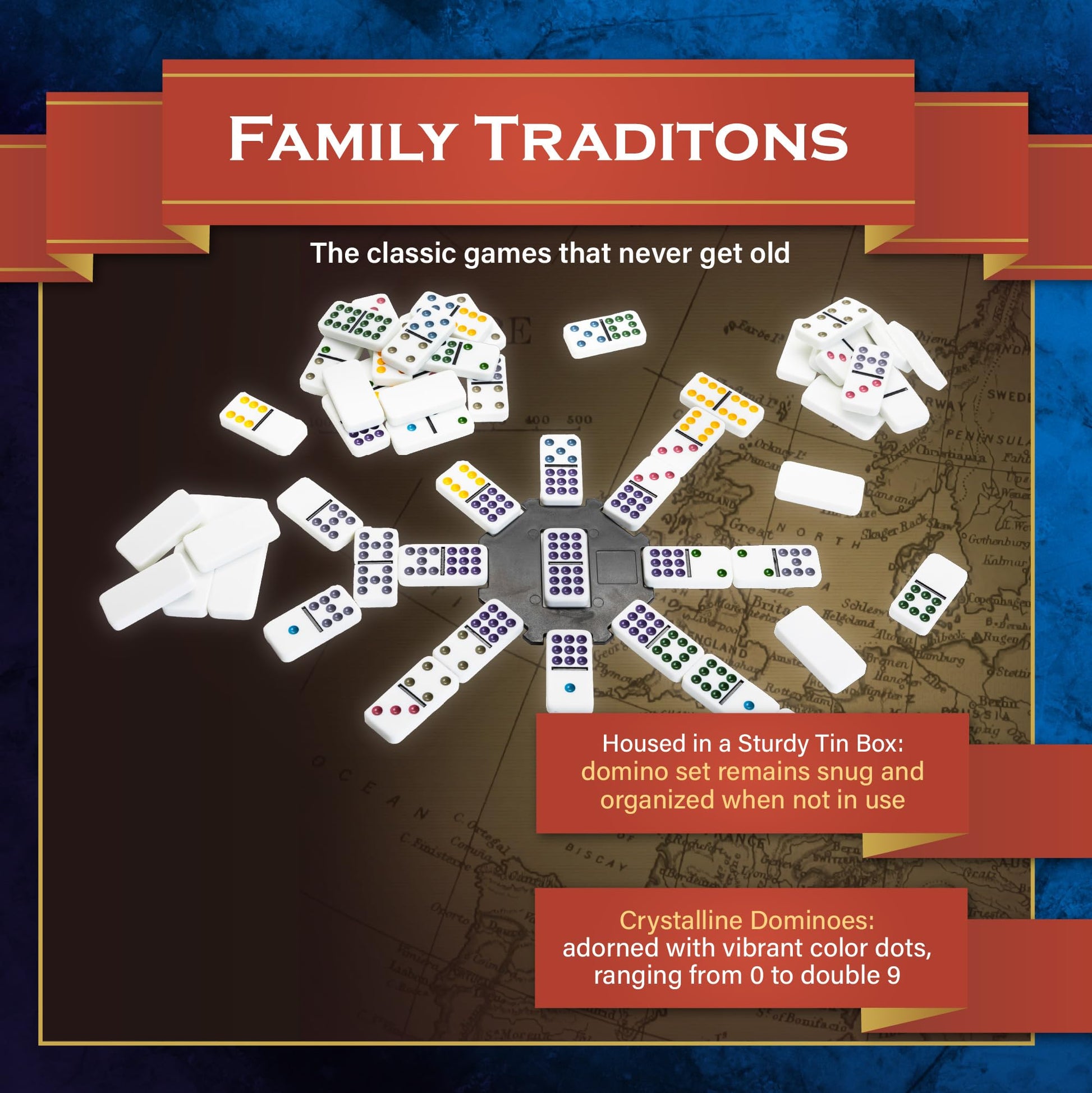 Continuum Games Family Traditions Double 9 Dominoes - 55 Piece Set in Storage Tin, Crystalline Dominoes for Kids and Adults, Classic Game Night