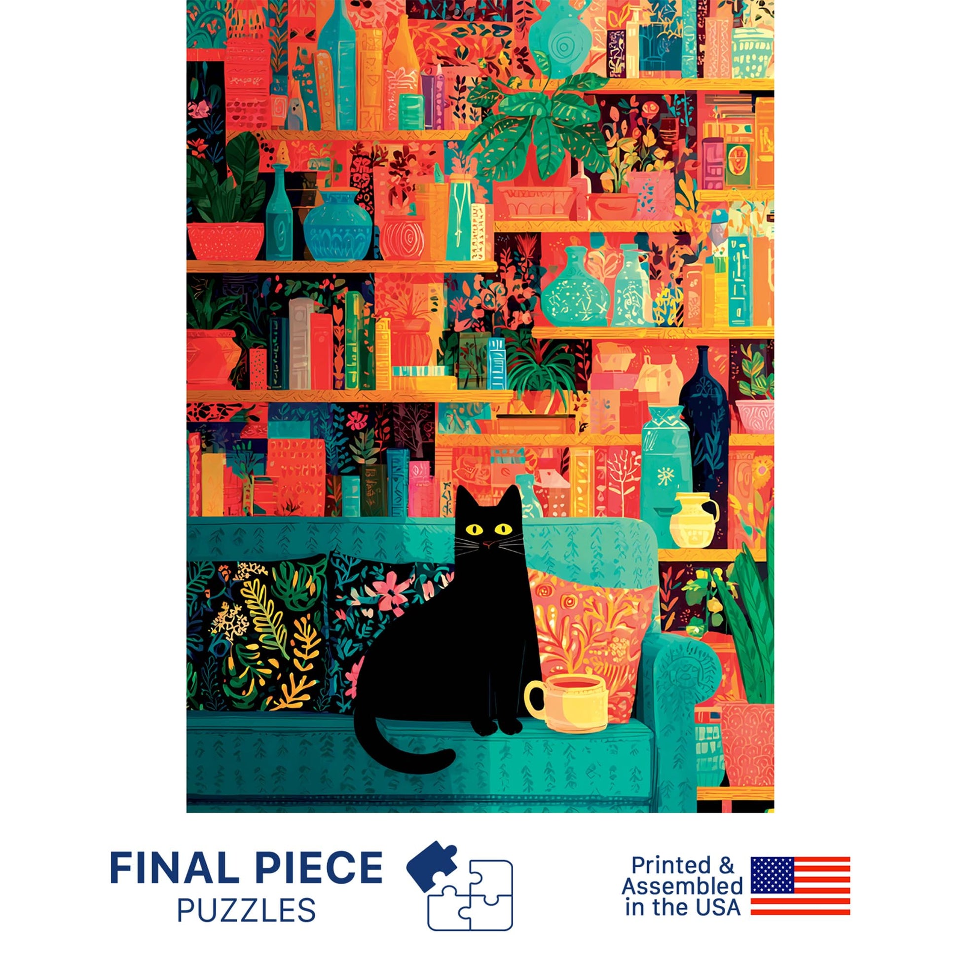 Coffee Cat Library (No. 12) - 1000 Piece Animal Jigsaw Puzzle for Adults | Printed in USA | Satin Low-Glare Finish | Random Ribbon Cut | Bonus Poster