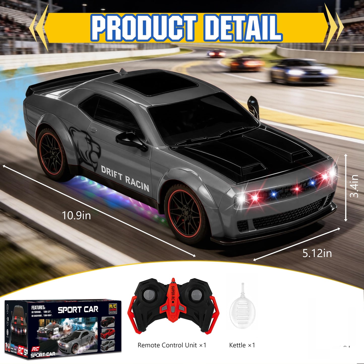 SYUUKH Remote Control Car 1:14 Scale RC Cars with Spray Effect, LED Lights & Realistic Sound, 2.4GHz Racing Toy with Controller, Christmas Birthday