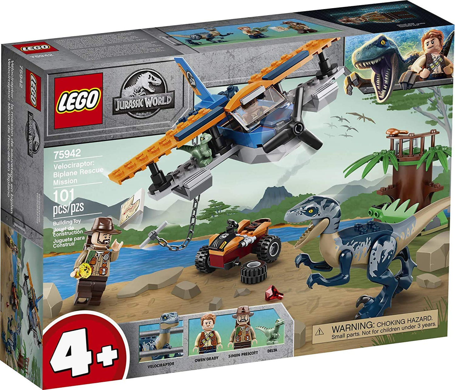 LEGO Jurassic World Velociraptor: Biplane Rescue Mission 75942, Dinosaur Toy for Preschool Kids, Featuring a Buildable Plane Toy, Posable