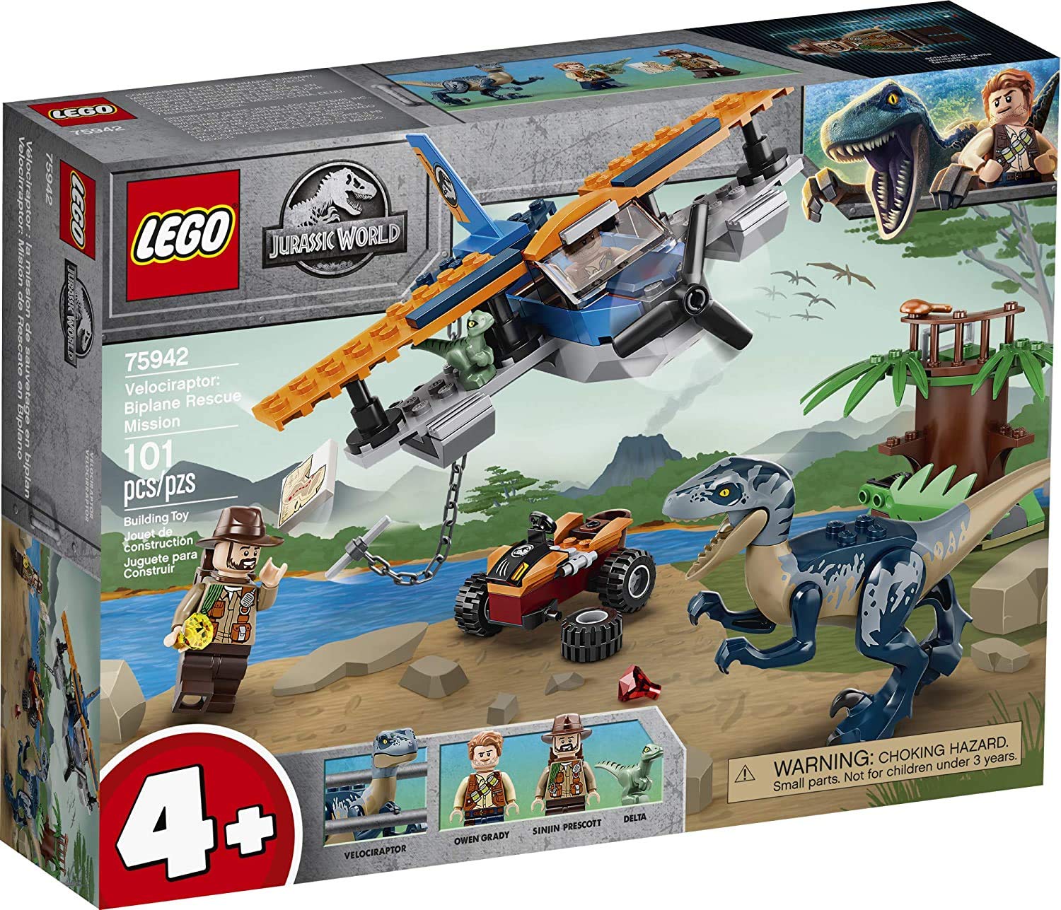 LEGO Jurassic World Velociraptor: Biplane Rescue Mission 75942, Dinosaur Toy for Preschool Kids, Featuring a Buildable Plane Toy, Posable