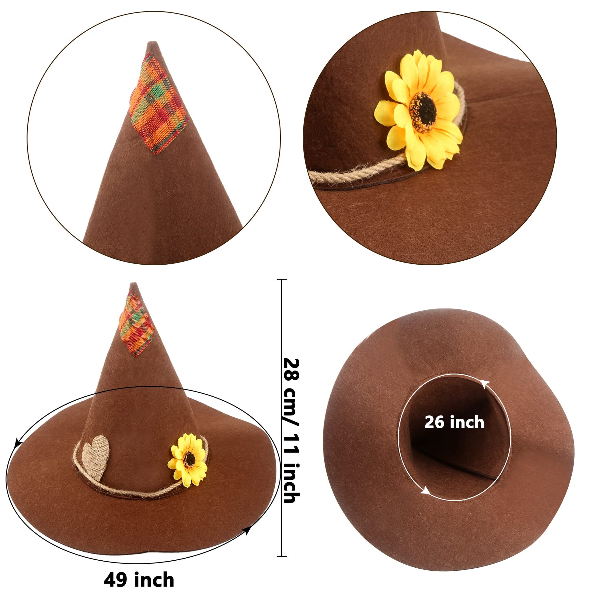 Haconba 3 Pack Halloween Scarecrow Hat Sunflower Felt Scarecrow Witch Hats for Halloween Cosplay Scarecrow Theme Party Costume Accessory, 3 Colors
