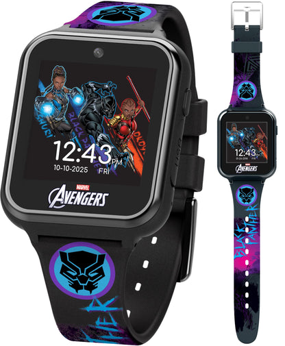 Accutime Kids Marvel Black Panther Black Educational ,Touchscreen Smart Watch Toy for Boys, Girls, Toddlers - Selfie Cam, Learning Games, Alarm