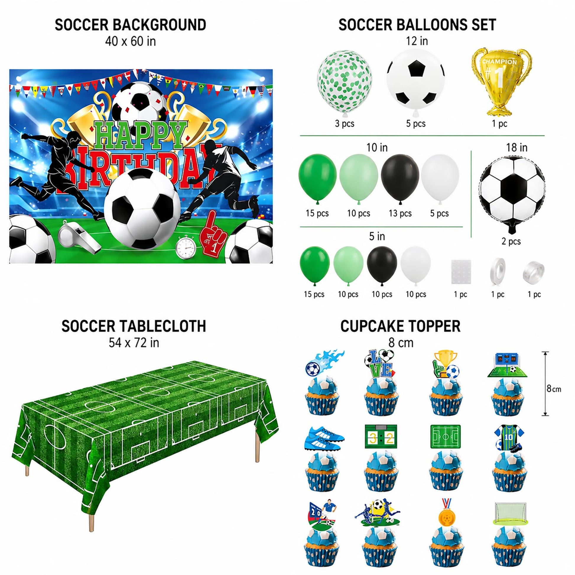 128Pcs Soccer Birthday Party Decorations Set - Football Theme Party Supplies with Backdrop, Balloon Arch Kit, Banner, Cake Topper & Tablecloth