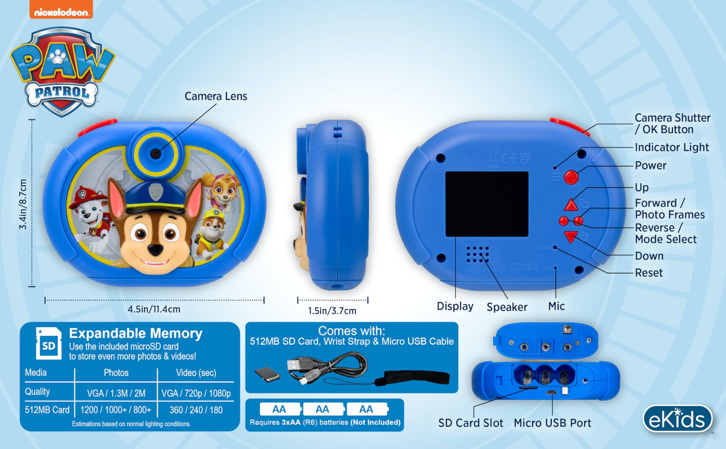 Paw Patrol Kids Camera with SD Card, Digital Camera with Video Recording