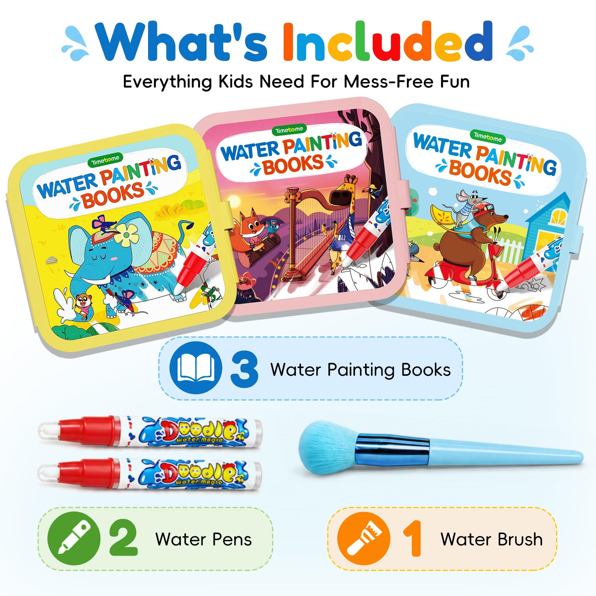 Timetome Water Coloring Book for Kids, 3 Pack Fairy Tale Animal Dinosaur Water Painting Book for Toddlers 1-3, Reusable Water Doodle Book, Montessori