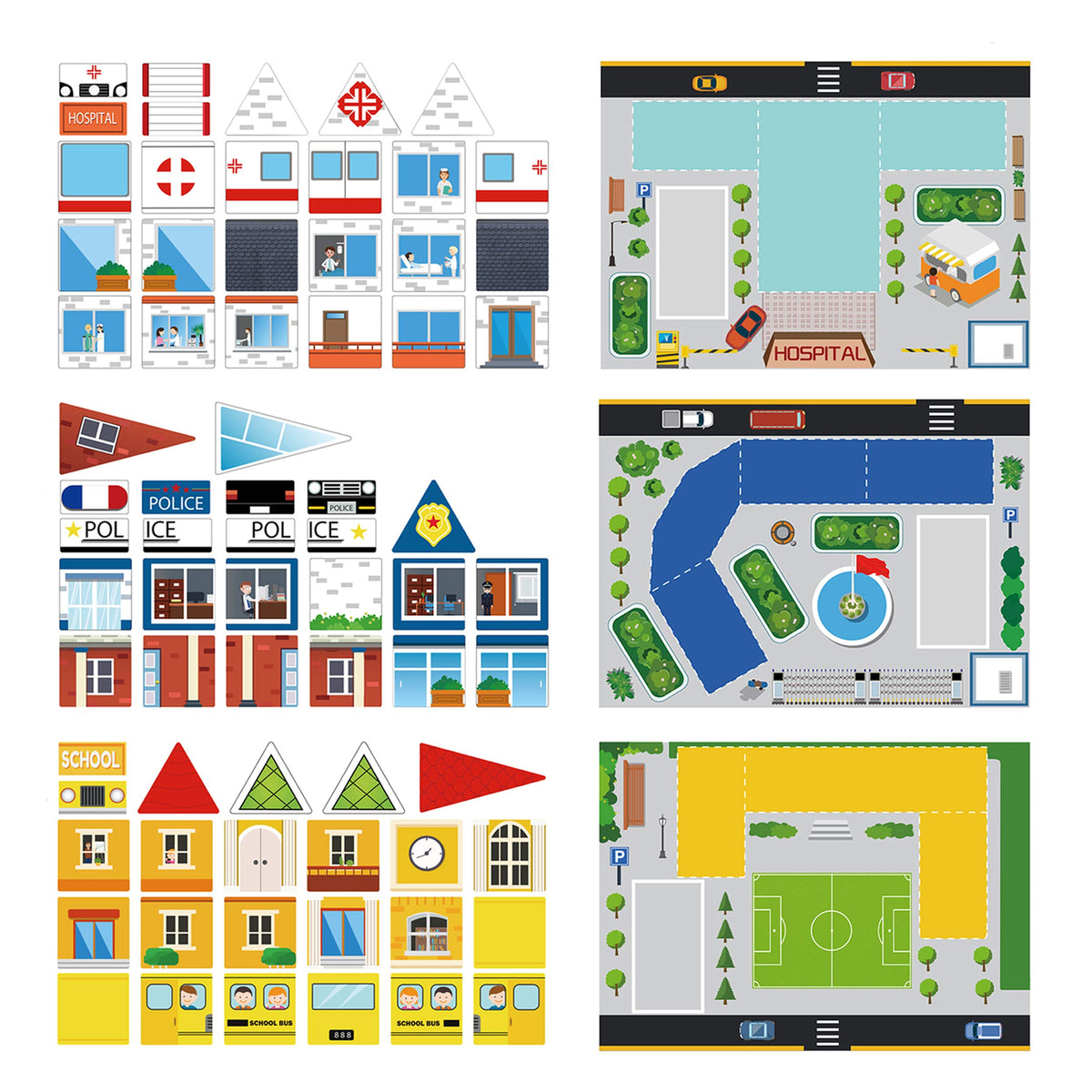 PicassoTiles 80pc School, Hospital, Police Station 3-in-1 Theme Magnet Self Adhesive Backing Stick-On Puzzle Graphic Kit and Overlay Maps for Magnetic