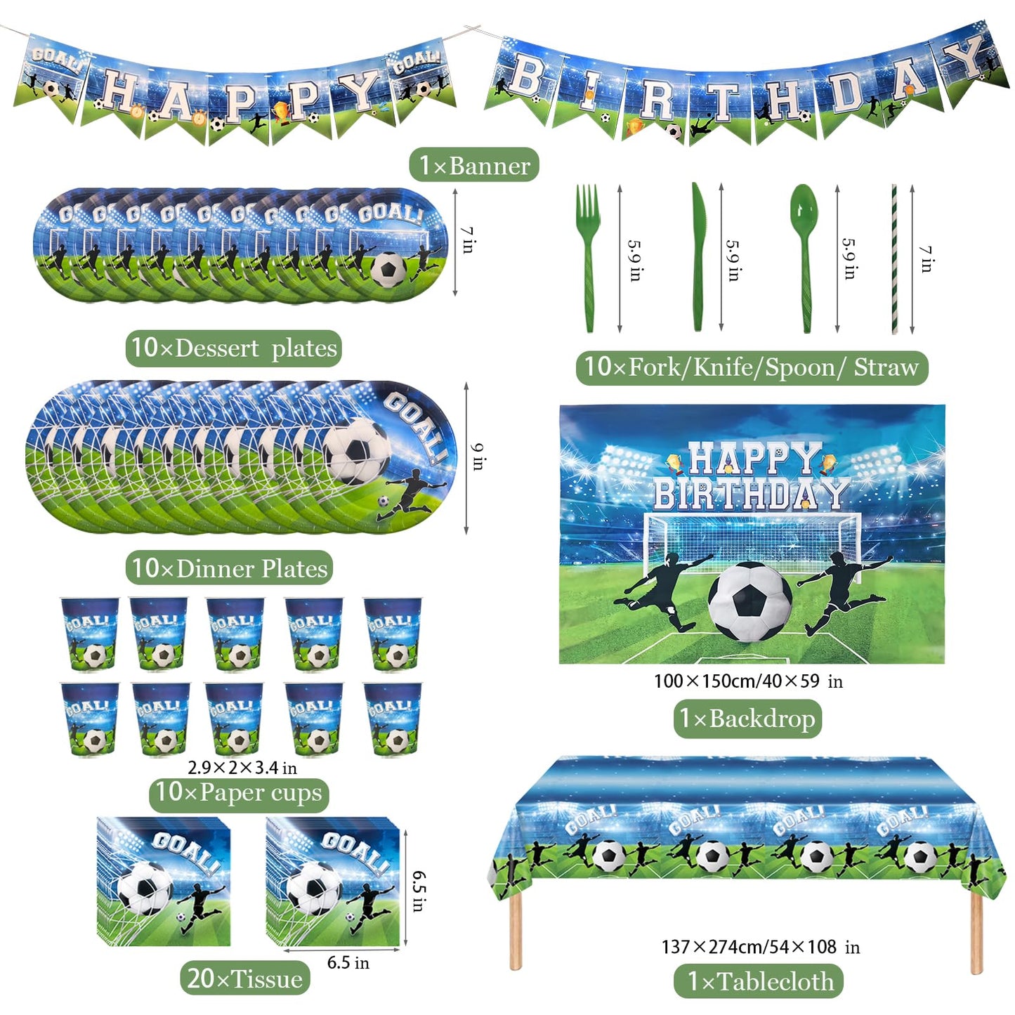 Soccer Birthday Party Supplies Set 93 PCS, Football Theme Decorations with , Cups, Napkins, Tablecloth, Banner & Backdrop, Eco-Friendly Disposable