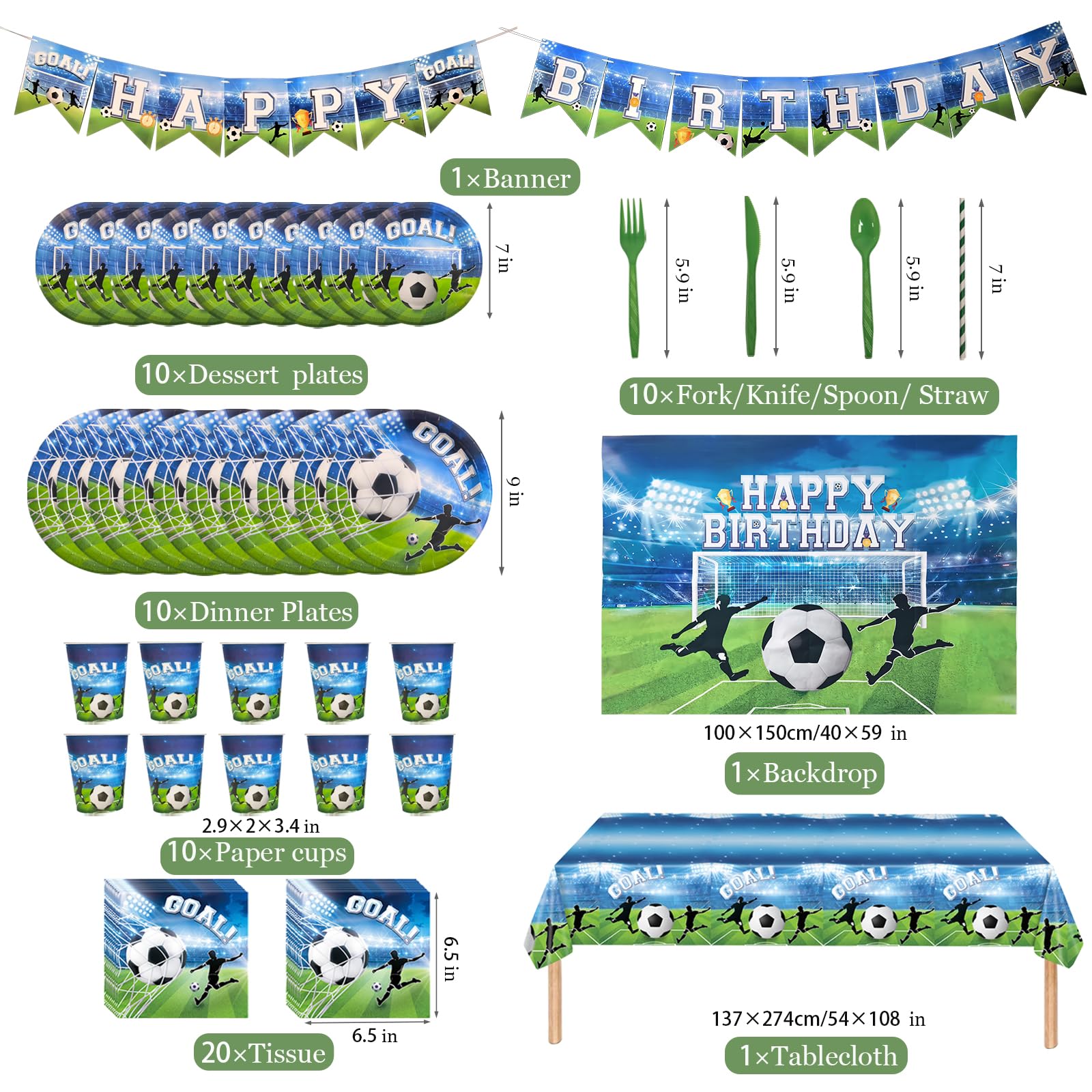 Soccer Birthday Party Supplies Set 93 PCS, Football Theme Decorations with , Cups, Napkins, Tablecloth, Banner & Backdrop, Eco-Friendly Disposable