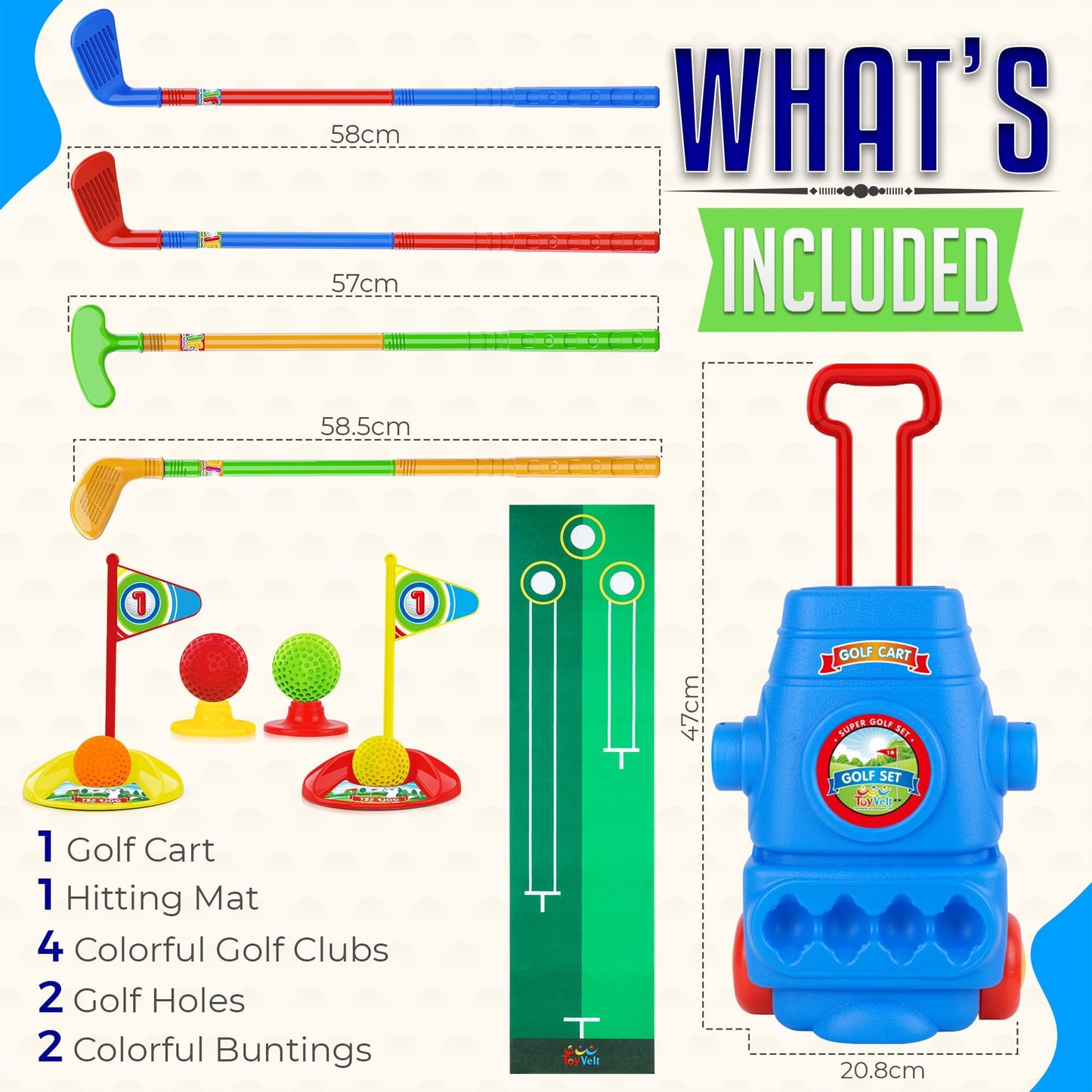 ToyVelt Toddler Golf Set - Kids Golf Clubs with 6 Balls, 4 Golf Sticks, 2 Practice Holes and a Putting Mat - Promotes Physical & Mental Development