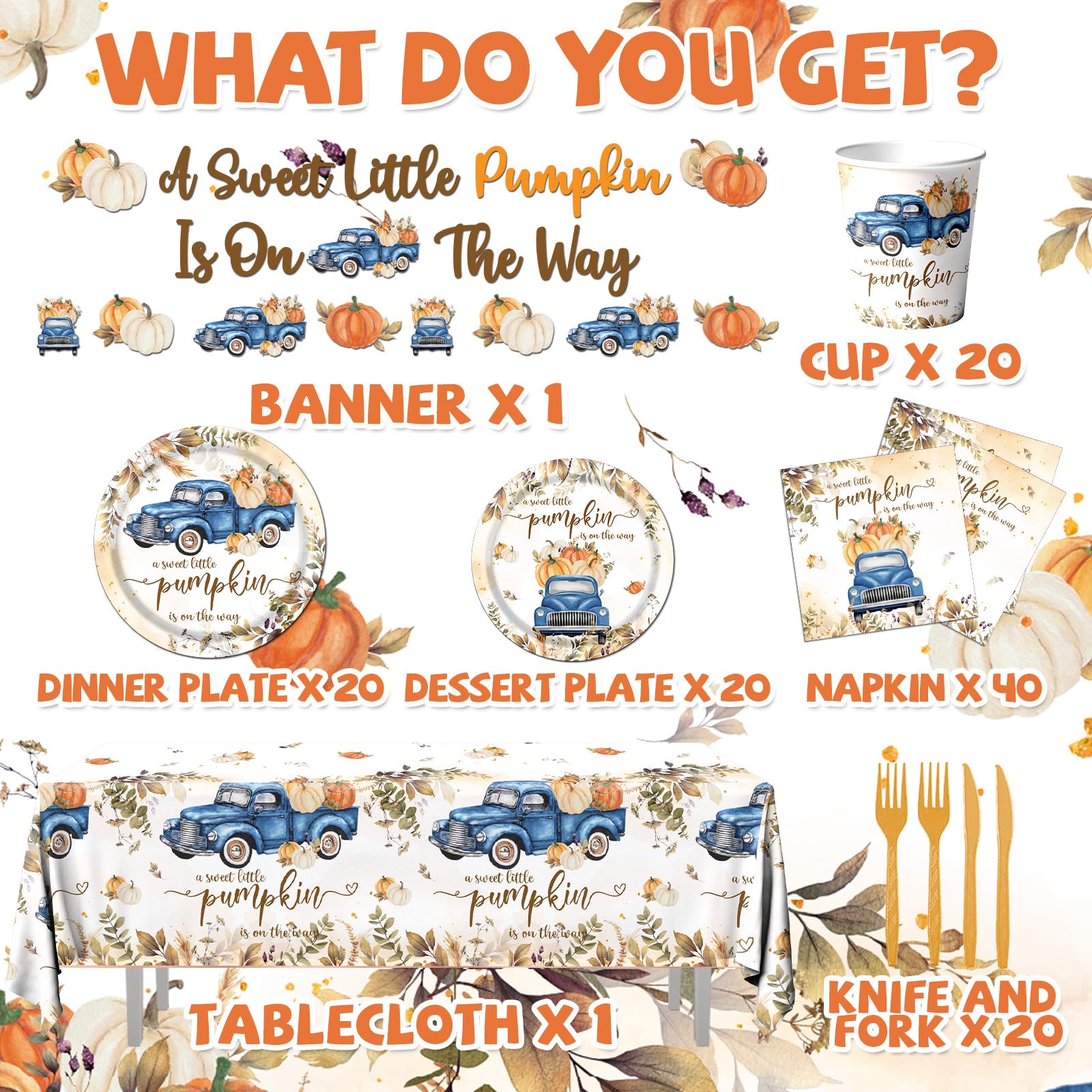 Little Pumpkin Baby Shower Decorations, 142pcs A Sweet Little Pumpkin Is On The Way Banner Pumpkin Plates and Napkins Boy Blue Truck Boho Thanksgiving