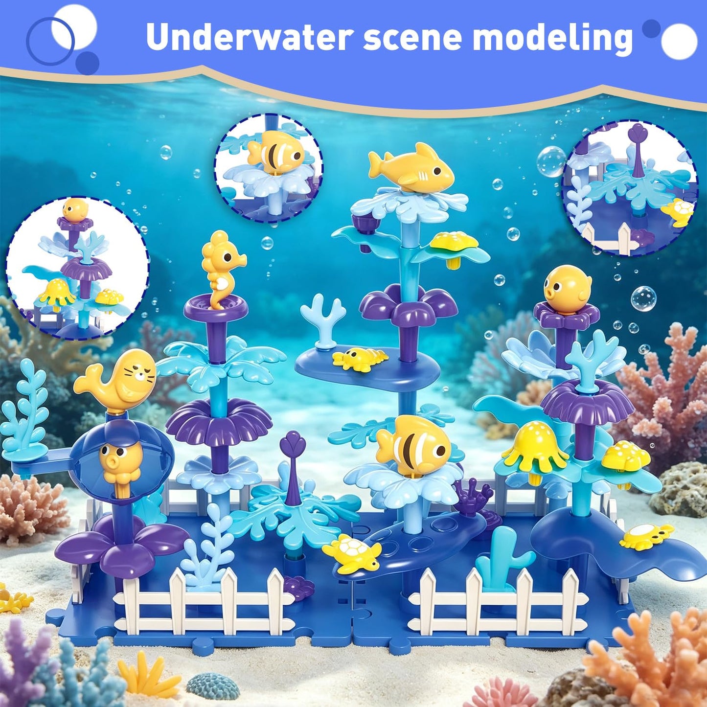JANZOMM Ocean Building Blocks for Toddlers, 57PCS Stacking Interlocking Toy with Sea Animals & Plants, STEM Educational Kit for Kids Ages 3+