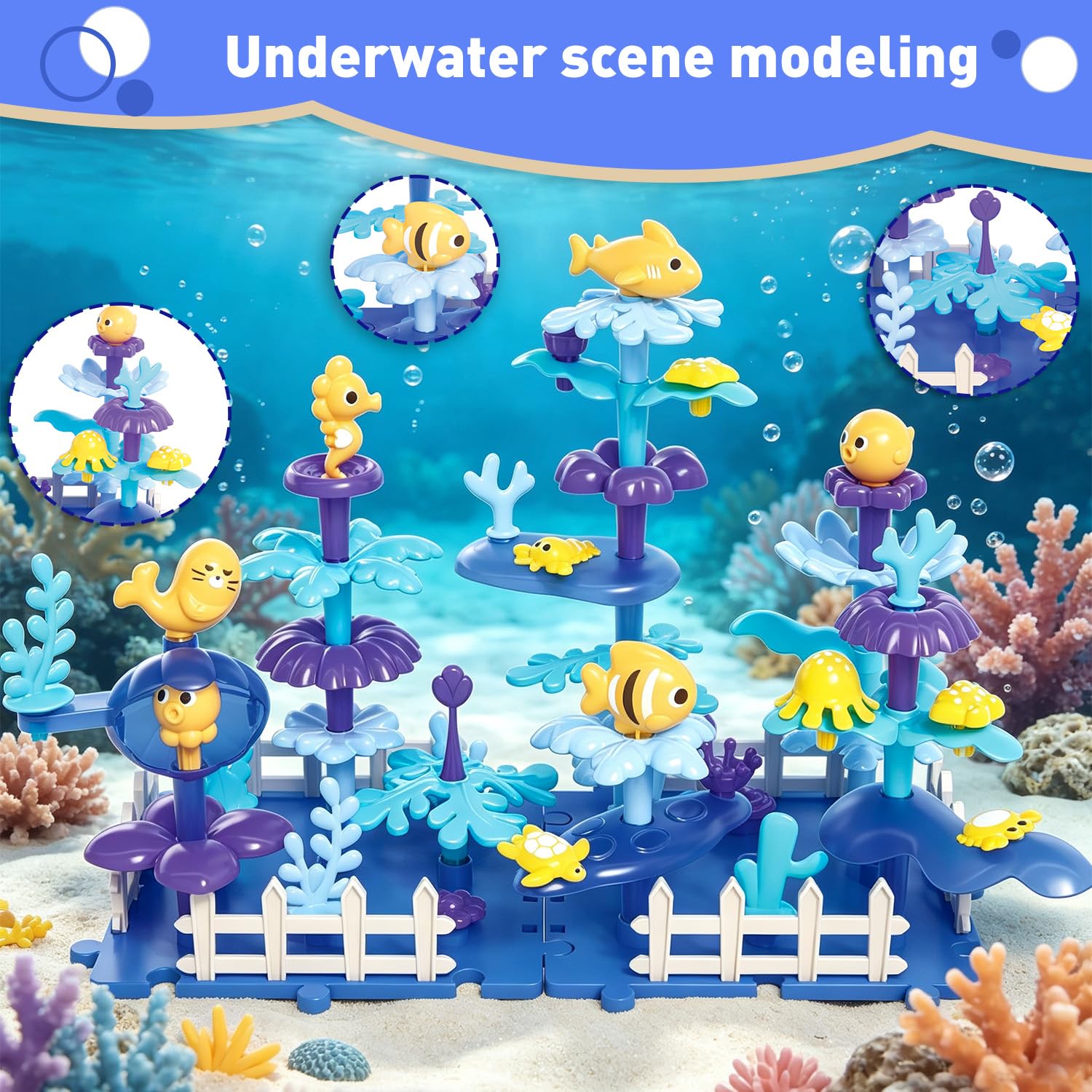 JANZOMM Ocean Building Blocks for Toddlers, 57PCS Stacking Interlocking Toy with Sea Animals & Plants, STEM Educational Kit for Kids Ages 3+