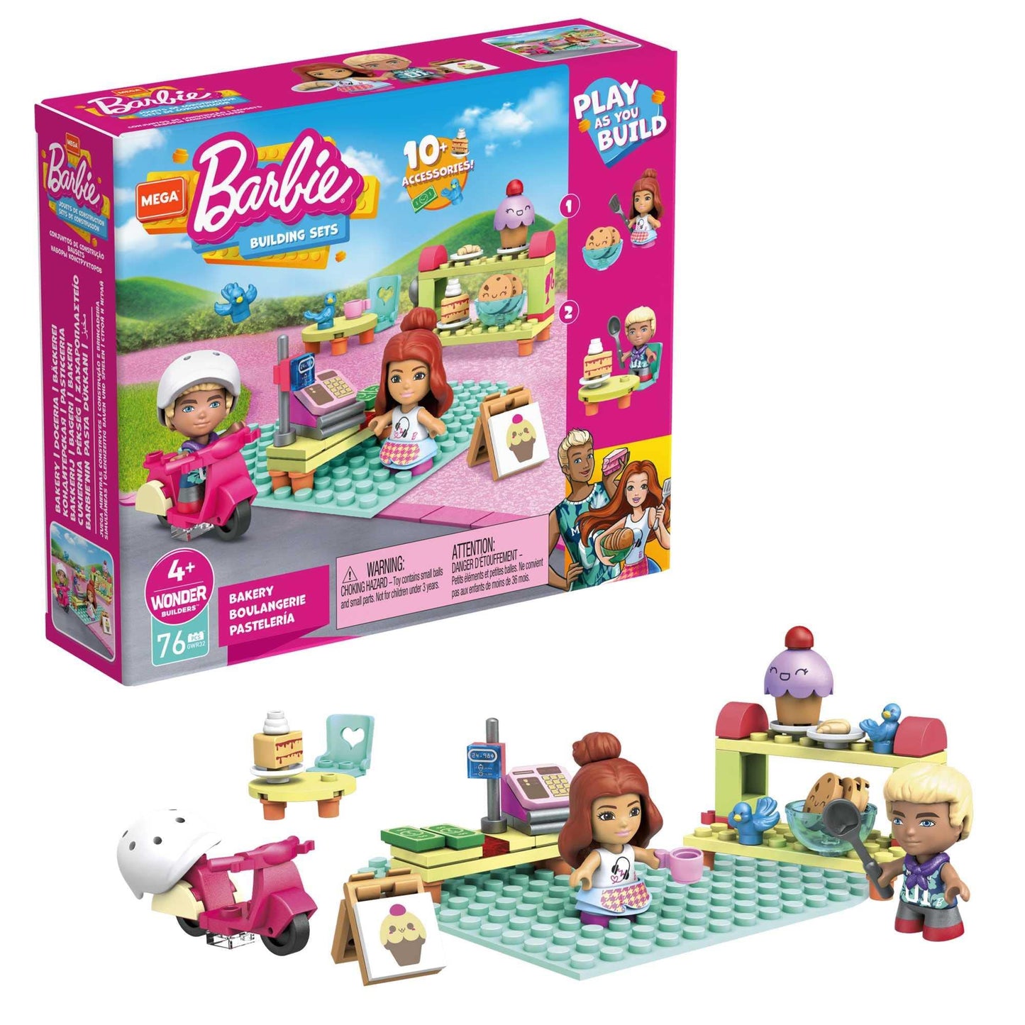 MEGA Construx Barbie Kids Building Blocks Toy Set, Bakery with 76 Pieces, 2 Micro-Dolls, Barbie Pets and Accessories, Ages 4+ Years