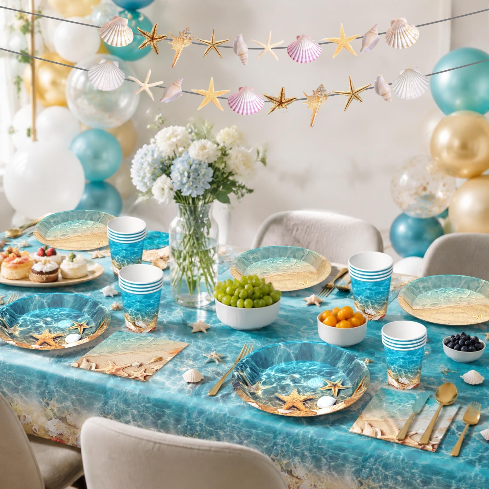 Ocean Beach Party Supplies Tableware with Seashell Paper Plates Napkins Cups Tablecloth Banner for Beach Themed Party Decorations, Serves 24