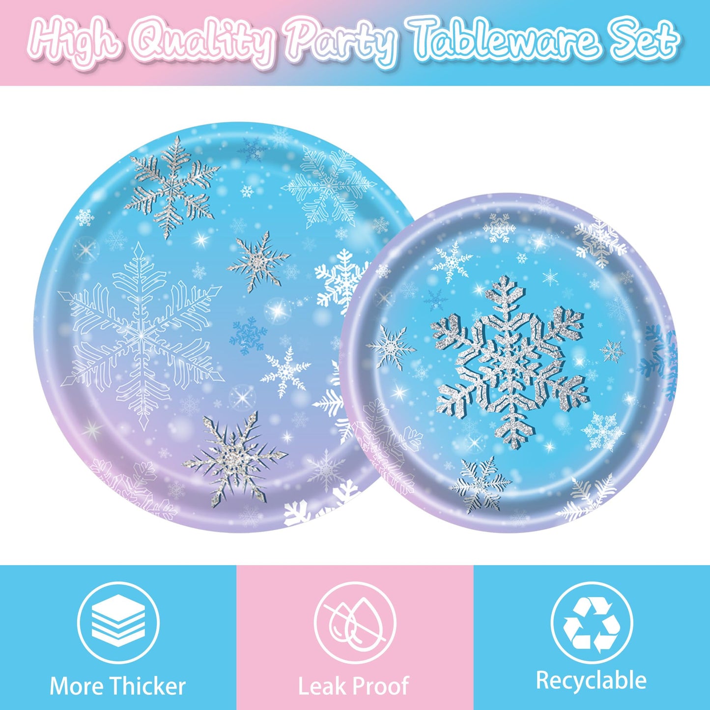 Xindtek 126 Pcs Frozen Birthday Party Supplies Disposable Winter Snowflake Paper Plates Napkins Cups Forks Tablecloth for Christmas Winter Wonderland