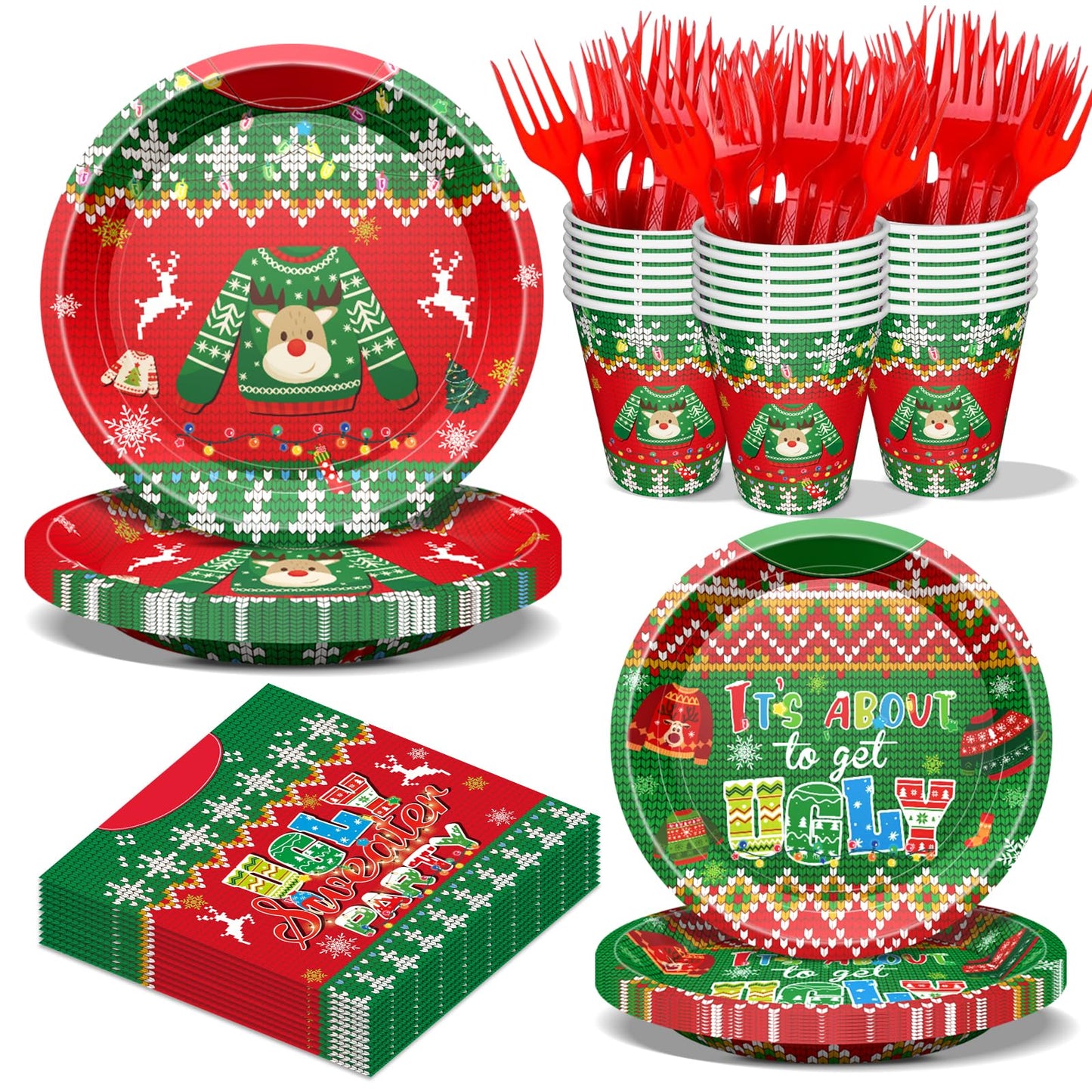 Christmas Plates and Napkins Set, Holiday Paper Plate and Napkin Sets, Ugly Sweater Paper Plates Napkins Cups Forks for Christmas Holiday Ugly Sweater