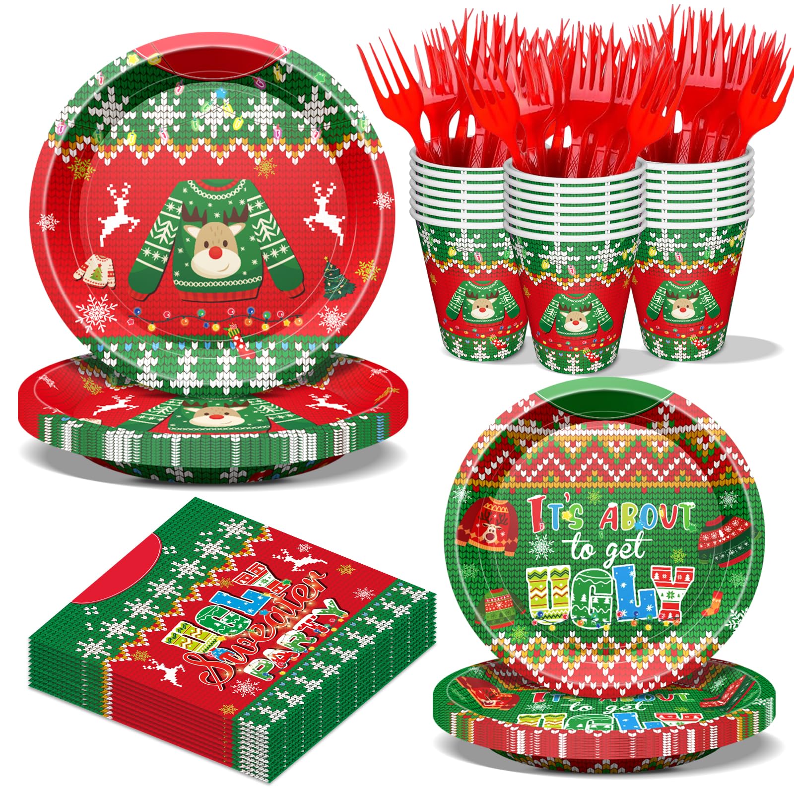 Christmas Plates and Napkins Set, Holiday Paper Plate and Napkin Sets, Ugly Sweater Paper Plates Napkins Cups Forks for Christmas Holiday Ugly Sweater